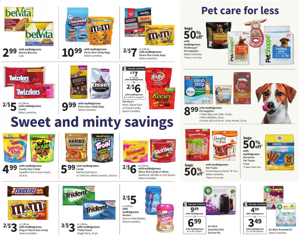 thumbnail - Walgreens Flyer - 06/20/2021 - 06/26/2021 - Sales products - Reese's, Hershey's, milk chocolate, chocolate, Trolli, Mentos, Haribo, Snickers, Twix, Mars, Skittles, Trident, Starburst, Sour Patch, cane sugar, belVita, Febreze, Brite, Air Wick, scented oil, essential oils, PetShoppe, Purina, Dentastix, Good 'n' Fun, Pup-Peroni, Fresh Step. Page 7.
