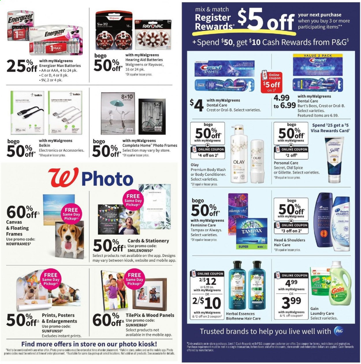 thumbnail - Walgreens Flyer - 06/20/2021 - 06/26/2021 - Sales products - Gain, body wash, shampoo, Old Spice, Oral-B, Crest, Tampax, Olay, conditioner, Head & Shoulders, Herbal Essences, Gillette, canvas, battery, Energizer. Page 10.