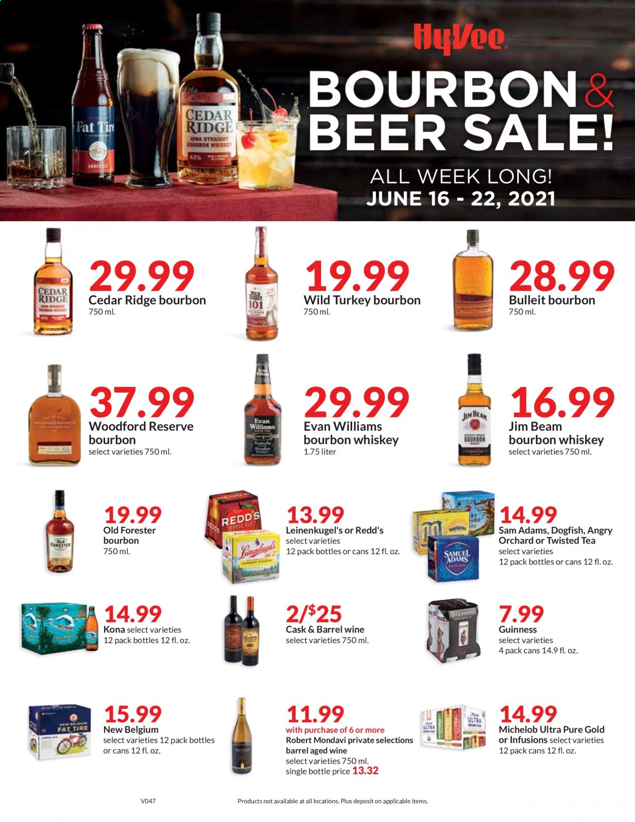 thumbnail - Hy-Vee Flyer - 06/16/2021 - 06/22/2021 - Sales products - tea, wine, bourbon, whiskey, Jim Beam, bourbon whiskey, whisky, beer, Twisted Tea, Michelob, Guinness, Leinenkugel's. Page 1.