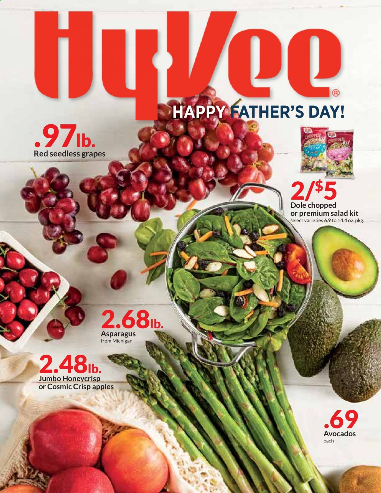 thumbnail - Hy-Vee Flyer - 06/16/2021 - 06/22/2021 - Sales products - seedless grapes, asparagus, salad, Dole, apples, avocado, grapes, handy chopper. Page 1.