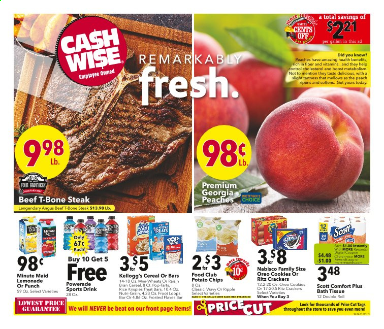 thumbnail - Cash Wise Flyer - 06/16/2021 - 06/22/2021 - Sales products - Four Brothers, Oreo, cookies, crackers, Kellogg's, Pop-Tarts, RITZ, potato chips, chips, cereals, Rice Krispies, Frosted Flakes, Raisin Bran, Nutri-Grain, lemonade, Powerade, fruit punch, Boost, beef meat, t-bone steak, steak, peaches. Page 1.