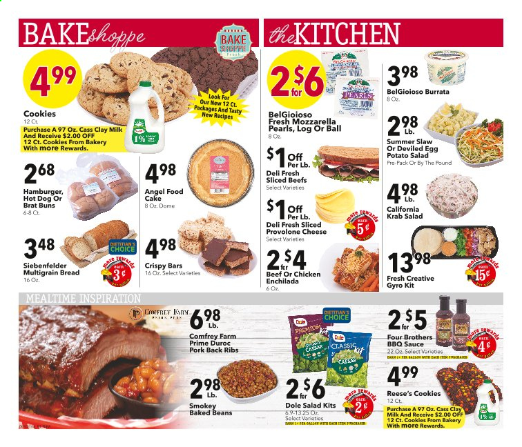 thumbnail - Cash Wise Flyer - 06/16/2021 - 06/22/2021 - Sales products - bread, multigrain bread, cake, buns, Angel Food, beans, salad, Dole, enchiladas, chicken enchiladas, hamburger, Four Brothers, potato salad, crab salad, mozzarella, cheese, Provolone, milk, eggs, Reese's, cookies, baked beans, BBQ sauce, pork meat, pork ribs, pork back ribs. Page 4.