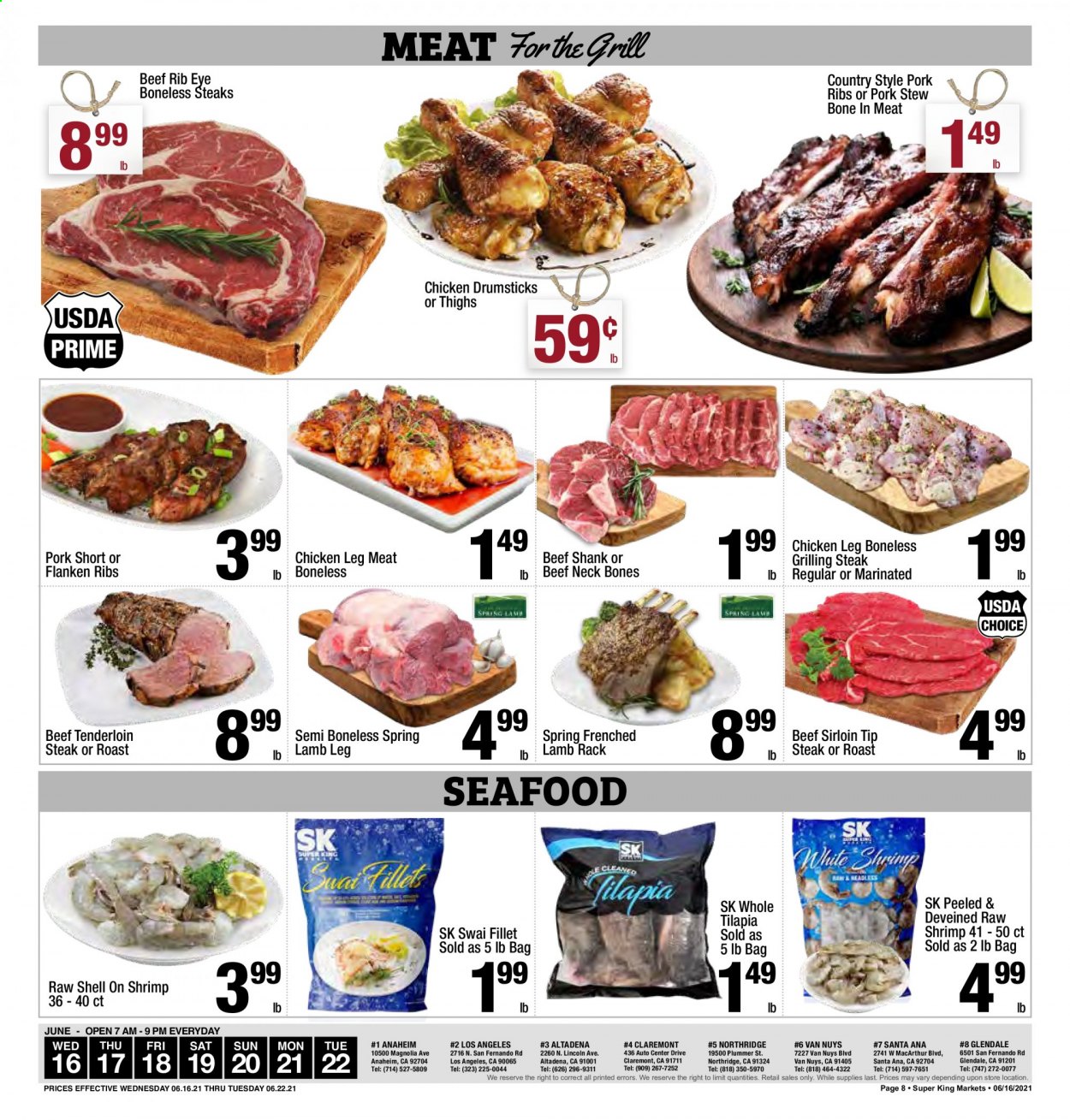 thumbnail - Super King Markets Flyer - 06/16/2021 - 06/22/2021 - Sales products - chicken legs, chicken drumsticks, beef meat, beef shank, beef sirloin, steak, beef tenderloin, pork meat, pork ribs, lamb meat, lamb leg, tilapia, seafood, shrimps, swai fillet. Page 8.
