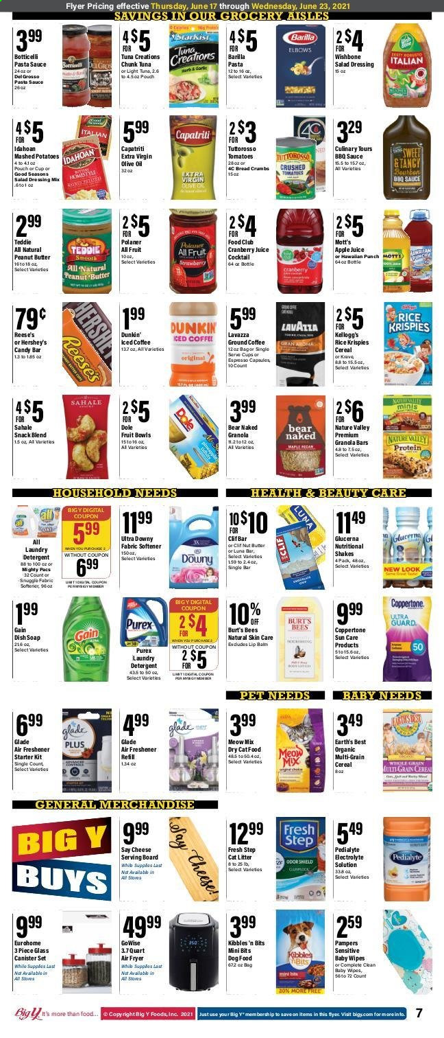 thumbnail - Big Y Flyer - 06/17/2021 - 06/23/2021 - Sales products - breadcrumbs, tomatoes, Dole, Mott's, StarKist, mashed potatoes, pasta sauce, sauce, Barilla, shake, Reese's, Hershey's, snack, Kellogg's, crushed tomatoes, light tuna, cereals, granola bar, Rice Krispies, Nature Valley, herbs, BBQ sauce, salad dressing, dressing, extra virgin olive oil, olive oil, oil, peanut butter, apple juice, cranberry juice, juice, iced coffee, ground coffee, Lavazza, punch. Page 9.