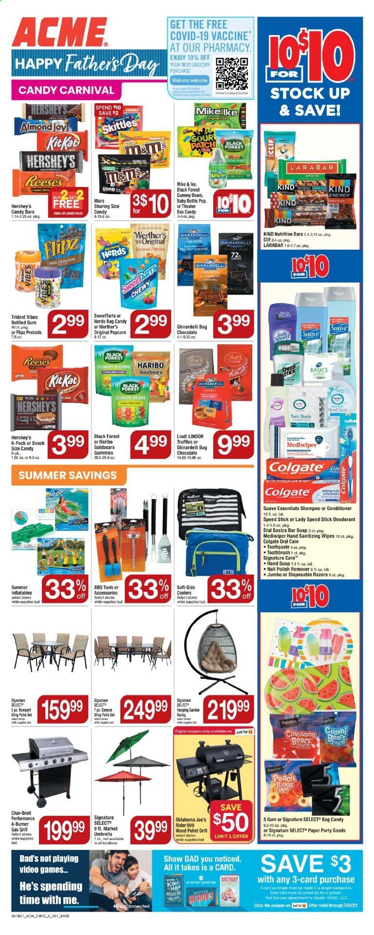thumbnail - ACME Flyer - 06/18/2021 - 06/24/2021 - Sales products - pretzels, Reese's, Hershey's, chocolate, Haribo, Lindt, Lindor, Mars, truffles, Skittles, Trident, Ghirardelli, sour patch, popcorn, nutrition bar, cinnamon, wipes, antiseptic wipes, Joy, shampoo, Suave, hand soap, soap bar, Dial, soap, Colgate, toothbrush, toothpaste, conditioner, anti-perspirant, Speed Stick, deodorant, disposable razor, nail polish remover, paper, bag, umbrella. Page 4.