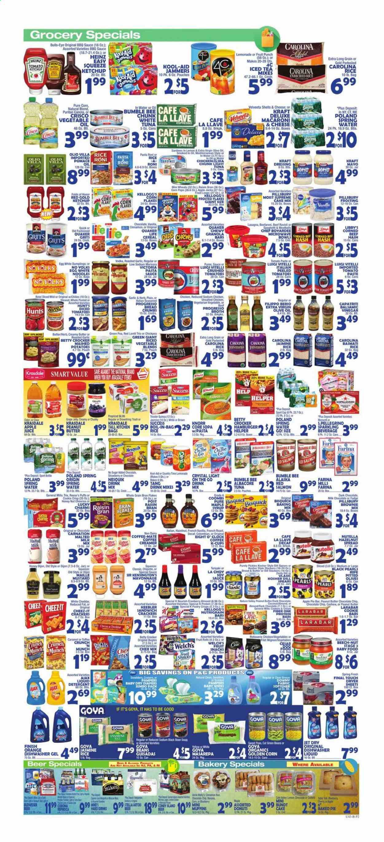 thumbnail - Bravo Supermarkets Flyer - 06/18/2021 - 06/24/2021 - Sales products - pie, apple pie, bundt, puffs, donut, muffin, breadcrumbs, brownie mix, cake mix, green beans, peas, snack, Welch's, salmon, tuna, macaroni & cheese, mashed potatoes, ravioli, pasta sauce, Bumble Bee, Knorr, sauce, Pillsbury, dumplings, Quaker, noodles, Progresso, lasagna meal, pasta sides, Kraft®, ready meal, corned beef, Velveeta, Nesquik, snack bar, Coffee-Mate, flavoured milk, eggs, creamer, coffee and tea creamer, mayonnaise, Reese's, fruit bar, milk chocolate, Nutella, chocolate chips, crackers, Kellogg's, fruit snack, Keebler, fruit rolls, General Mills, bars, Cheez-It, Chex Mix, crisps, Bisquick, Crisco, frosting, grits, broth, baking mix, canned tuna, tomato paste, Heinz, light tuna, Goya, Chef Boyardee, diced tomatoes, canned fish, cereals, Cheerios, corn flakes, protein bar, granola bar, bran flakes, Trix, Frosted Flakes, Raisin Bran, Nature Valley, Fiber One, basmati rice, rice, jasmine rice, parboiled rice, BBQ sauce, mustard, soy sauce, ketchup, balsamic vinegar, extra virgin olive oil, vinegar, olive oil, oil, grape jelly, hazelnut spread, apple juice, lemonade, juice, fruit drink, ice tea, Country Time, fruit punch, spring water, San Pellegrino, powder drink, coffee capsules, K-Cups, Eight O'Clock, alcohol, vodka, cider, beer, Stella Artois, Corona Extra, chicken, wipes, Pampers, baby wipes, nappies, detergent, Ajax, fabric softener, dryer sheets, Downy Laundry, Jet, Hask, trash bags. Page 2.