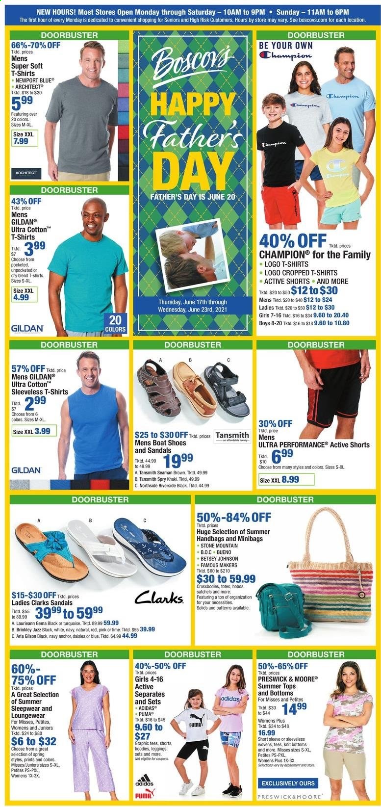 thumbnail - Boscov's Flyer - 06/17/2021 - 06/23/2021 - Sales products - Adidas, sandals, shoes, Puma, Champion®, Johnson's, loungewear, shorts, t-shirt, tops, hoodie, leggings, handbag, tote, sleepwear. Page 1.