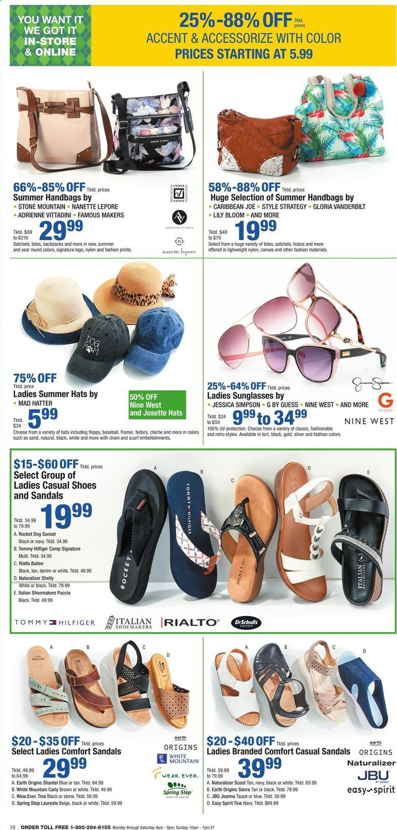 thumbnail - Boscov's Flyer - 06/17/2021 - 06/23/2021 - Sales products - sandals, shoes, Guess, Tommy Hilfiger, Gloria Vanderbilt', scarf, hat, handbag, tote, sunglasses. Page 10.