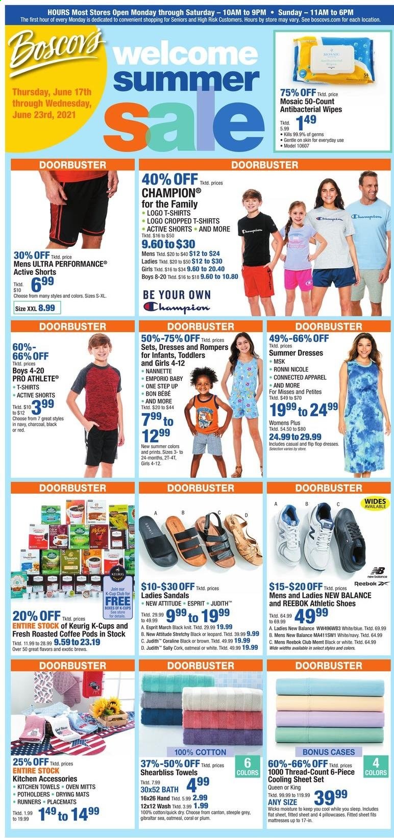 thumbnail - Boscov's Flyer - 06/17/2021 - 06/23/2021 - Sales products - ESPRIT, New Balance, Reebok, sandals, shoes, athletic shoes, quick dry, oven mitt, placemat, kitchen towels, pillowcase, mattress, shorts, dress, t-shirt. Page 1.