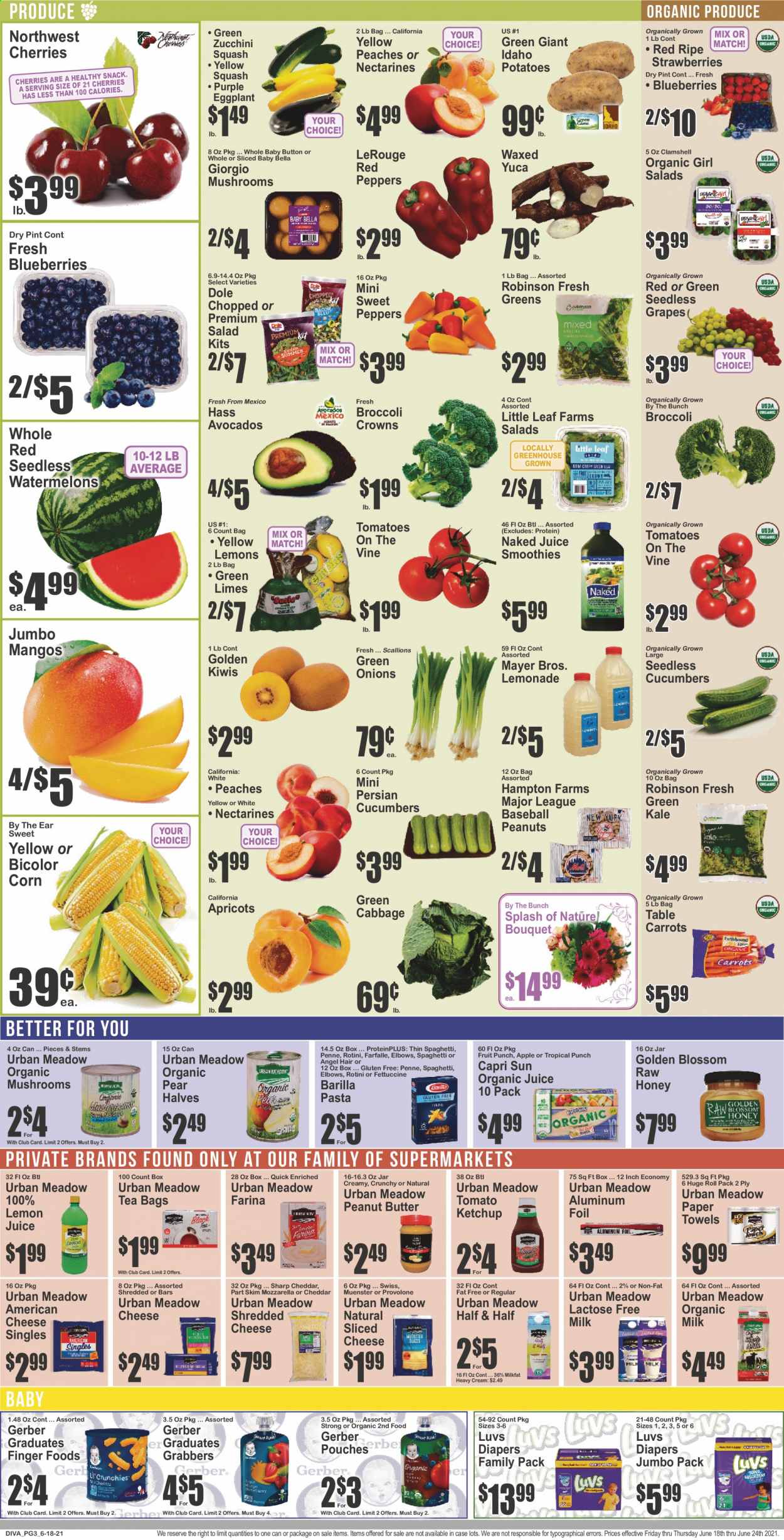 thumbnail - Key Food Flyer - 06/18/2021 - 06/24/2021 - Sales products - mushrooms, seedless grapes, cabbage, carrots, corn, cucumber, sweet peppers, tomatoes, zucchini, kale, potatoes, salad, Dole, peppers, eggplant, green onion, yellow squash, red peppers, avocado, blueberries, grapes, kiwi, limes, mango, strawberries, pears, apricots, spaghetti, pasta, Barilla, american cheese, mozzarella, shredded cheese, sliced cheese, Münster cheese, Provolone, organic milk, lactose free milk, Blossom, Gerber, penne, ketchup, honey, peanut butter, peanuts, Capri Sun, lemonade, fruit punch, smoothie, lemon juice, tea bags, baby food pouch, nappies, kitchen towels, paper towels, bouquet, nectarines, Half and half, peaches. Page 3.