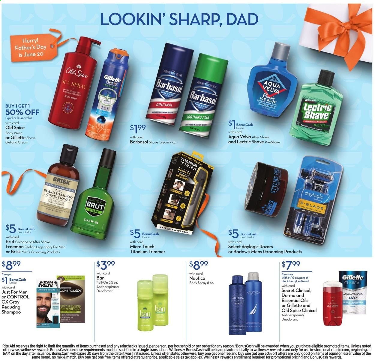 thumbnail - RITE AID Flyer - 06/20/2021 - 06/26/2021 - Sales products - spice, tea, body wash, shampoo, Old Spice, Daylogic, conditioner, body spray, after shave, anti-perspirant, cologne, roll-on, deodorant, Brut, Gillette, shave gel, Barbasol, shave cream, disposable razor, trimmer, essential oils, tea tree. Page 12.