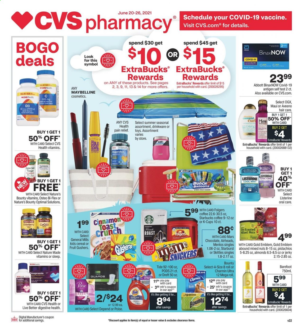 thumbnail - CVS Pharmacy Flyer - 06/20/2021 - 06/26/2021 - Sales products - beef jerky, jerky, chocolate, Mentos, Mars, AirHeads, Skittles, Starburst, cereals, almonds, pistachios, mixed nuts, coffee, Starbucks, Folgers, coffee capsules, K-Cups, cider, Aveeno, Charmin, Tide, Listerine, Purelax, OGX, Maybelline, balloons, toys, pain relief, Nature Made, Nature's Bounty, Ibuprofen, Osteo bi-flex, Bi-Flex, vitamin D3. Page 1.