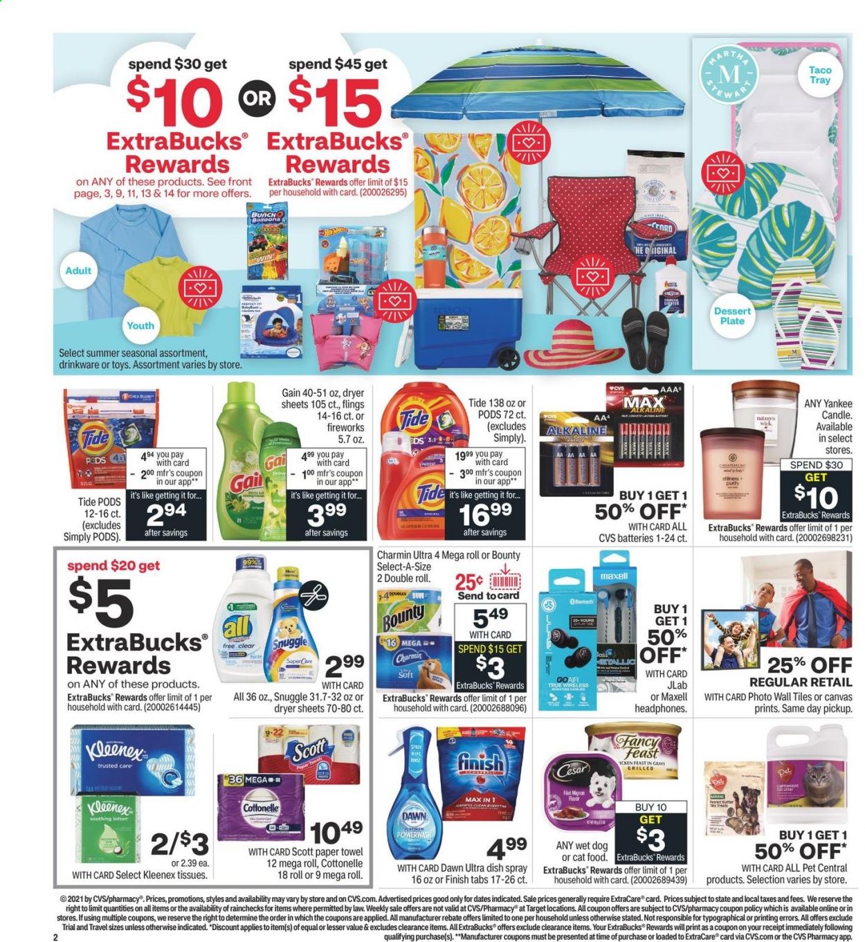 thumbnail - CVS Pharmacy Flyer - 06/20/2021 - 06/26/2021 - Sales products - Bounty, Cottonelle, Kleenex, tissues, paper towels, Charmin, Gain, Snuggle, Tide, dryer sheets, body lotion, canvas, balloons, candle, Yankee Candle, battery, animal food, cat food, Fancy Feast, Scott, toys. Page 3.