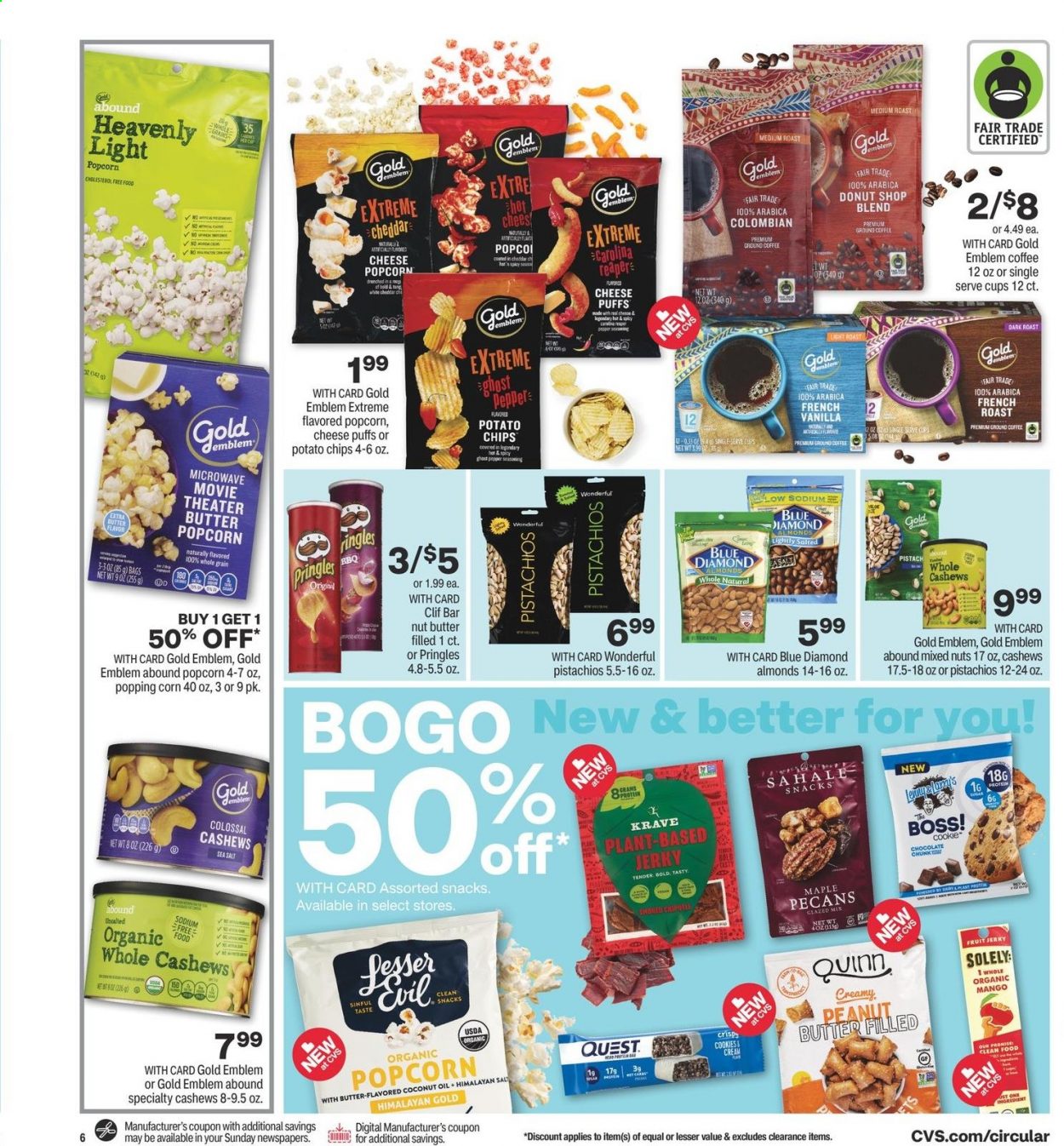 thumbnail - CVS Pharmacy Flyer - 06/20/2021 - 06/26/2021 - Sales products - jerky, chocolate, snack, potato chips, Pringles, chips, popcorn, corn, mango, peppers, puffs, almonds, cashews, pecans, pistachios, mixed nuts, Blue Diamond, coffee, ground coffee, coconut oil. Page 8.
