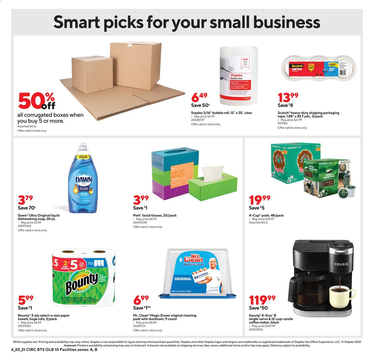thumbnail - Staples Flyer - 06/20/2021 - 06/26/2021 - Sales products - Bounty, tissues, kitchen towels, paper towels, cleaning pad, soap, eraser, coffee machine, Keurig. Page 16.