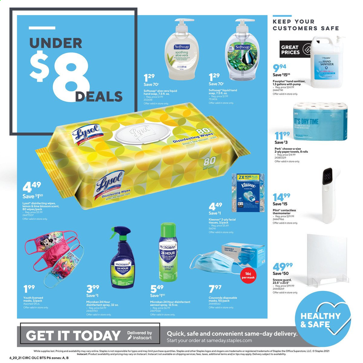 thumbnail - Staples Flyer - 06/20/2021 - 06/26/2021 - Sales products - Kleenex, wipes, tissues, kitchen towels, paper towels, desinfection, Lysol, Softsoap, hand soap, soap, Pilot. Page 6.