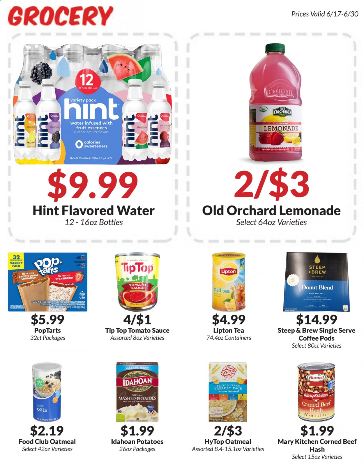 thumbnail - Woodman's Markets Flyer - 06/17/2021 - 06/30/2021 - Sales products - Tip Top, donut, cherries, beef meat, beef hash, mashed potatoes, sauce, Hormel, oatmeal, oats, brewer, corned beef, tomato sauce, Quick Oats, lemonade, Lipton, ice tea, flavored water, coffee pods, arabica beans. Page 9.