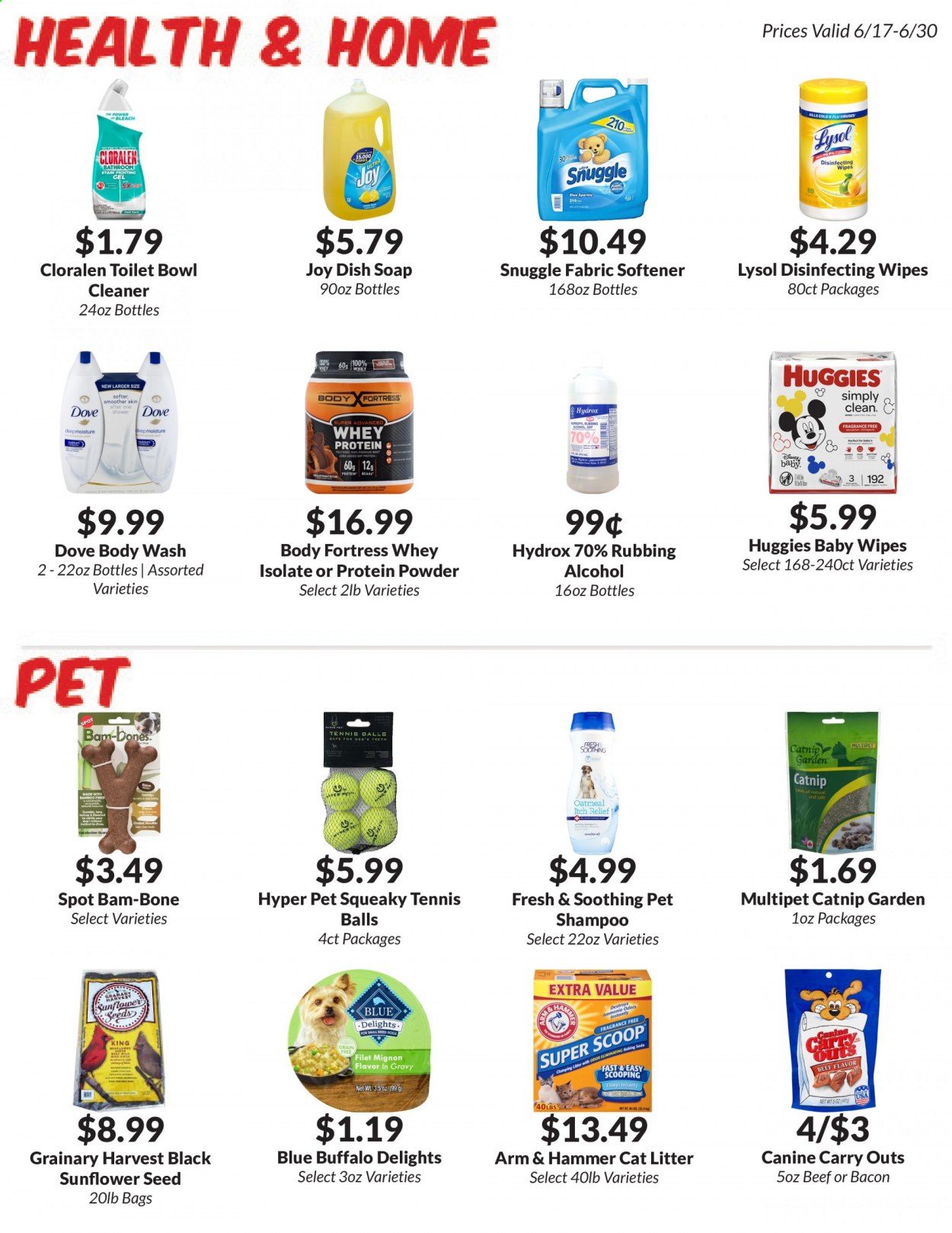 thumbnail - Woodman's Markets Flyer - 06/17/2021 - 06/30/2021 - Sales products - bacon, ARM & HAMMER, wipes, cleaner, Lysol, Snuggle, fabric softener, Joy, body wash, Dove, shampoo, soap, Blue Buffalo, whey protein. Page 17.