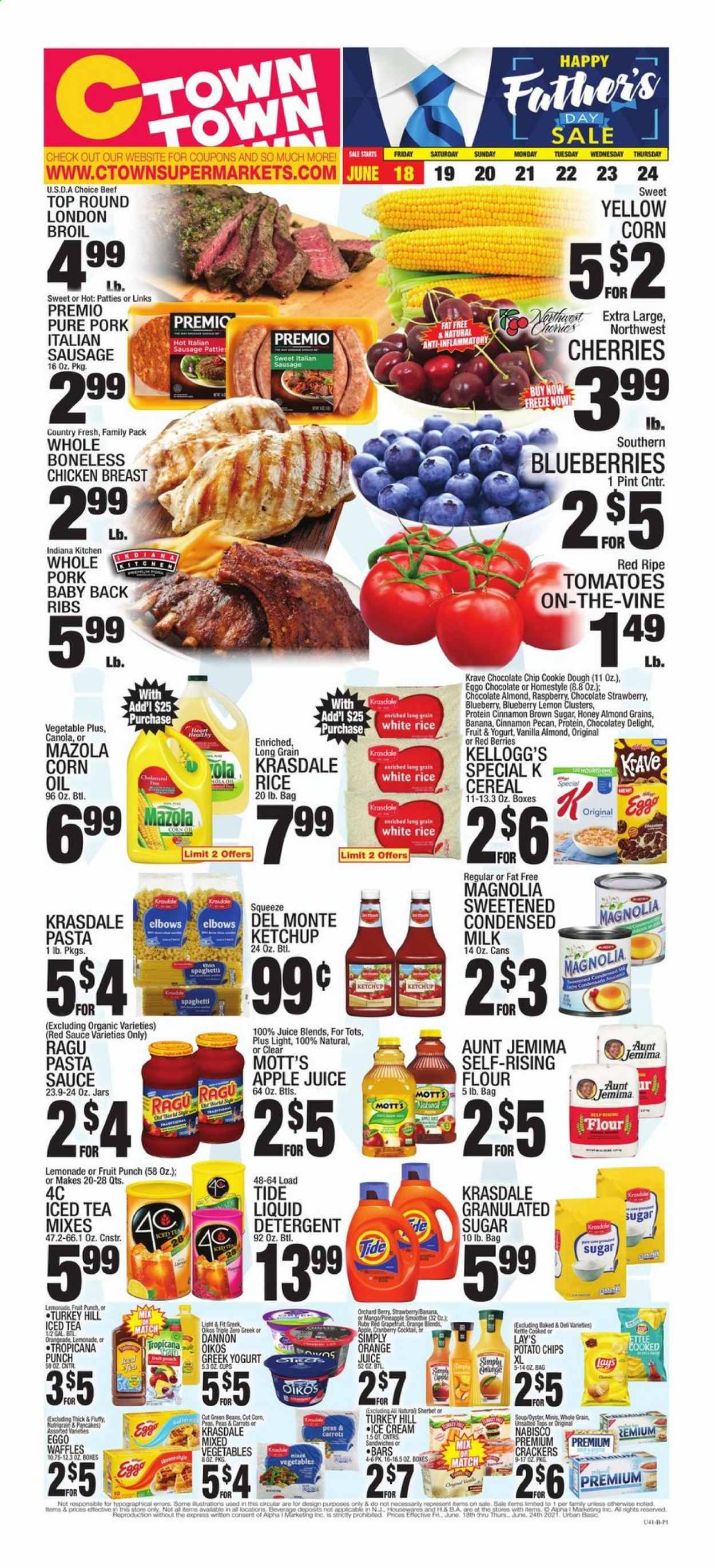 thumbnail - C-Town Flyer - 06/18/2021 - 06/24/2021 - Sales products - waffles, carrots, green beans, tomatoes, blueberries, pineapple, Mott's, spaghetti, pasta sauce, sandwich, soup, sauce, pancakes, ragú pasta, sausage, italian sausage, greek yoghurt, Oikos, Dannon, milk, condensed milk, eggs, ice cream, sherbet, Ola, mixed vegetables, cookie dough, crackers, Kellogg's, potato chips, chips, Lay’s, cane sugar, flour, granulated sugar, cereals, rice, white rice, cinnamon, ketchup, ragu, corn oil, apple juice, lemonade, juice, ice tea, fruit punch, smoothie, chicken breasts. Page 1.