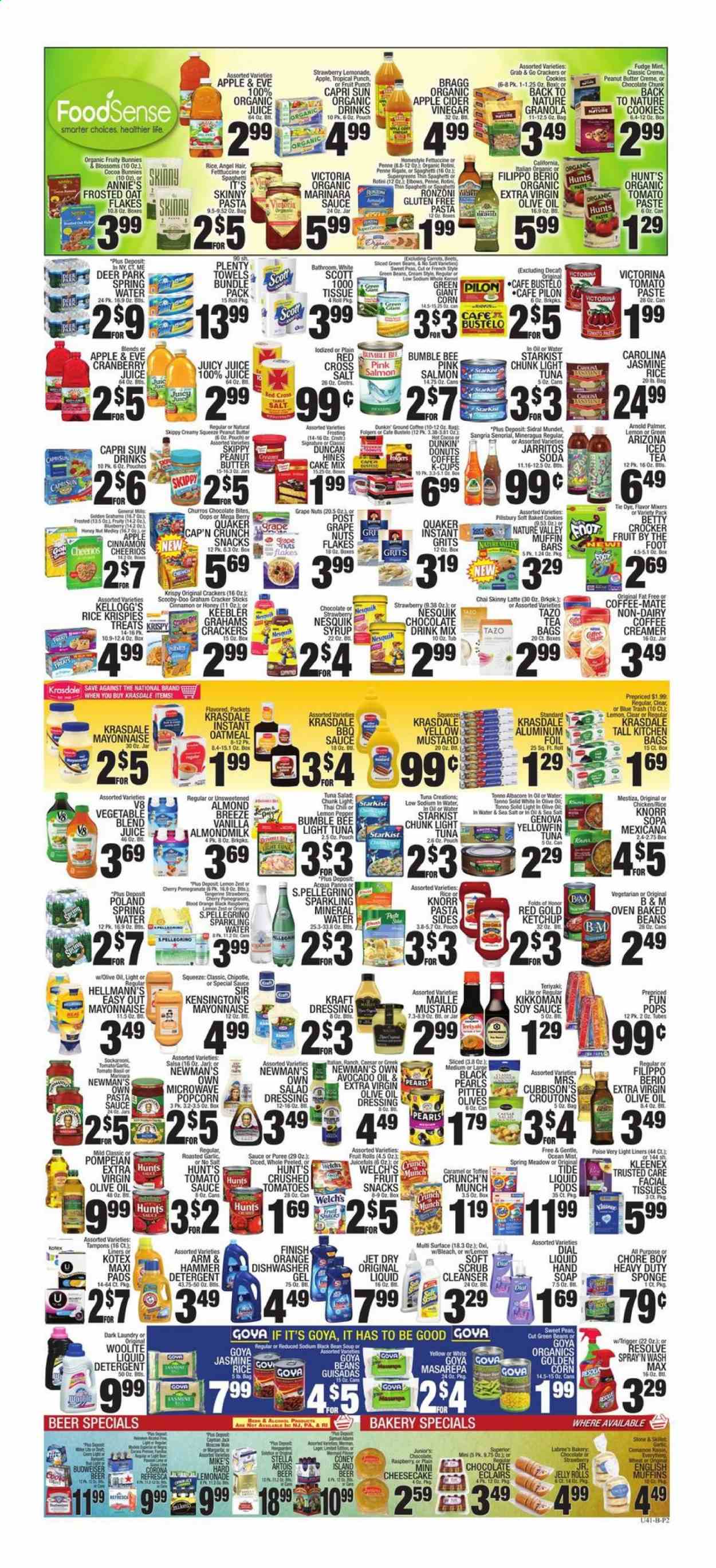 thumbnail - C-Town Flyer - 06/18/2021 - 06/24/2021 - Sales products - english muffins, cheesecake, dessert, éclairs, cake mix, corn, green beans, peas, snack, Welch's, salmon, StarKist, pasta sauce, soup, Bumble Bee, Knorr, sauce, Quaker, Annie's, pasta sides, Kraft®, ready meal, tuna salad, Nesquik, snack bar, almond milk, Coffee-Mate, Almond Breeze, creamer, coffee and tea creamer, mayonnaise, Hellmann’s, crackers, Kellogg's, fruit snack, Keebler, fruit rolls, bars, popcorn, ARM & HAMMER, croutons, frosting, oatmeal, oats, grits, baking mix, canned tuna, crushed tomatoes, tomato paste, light tuna, baked beans, Goya, canned fish, crispy rice bar, granola, Cheerios, churros, Cap'n Crunch, Nature Valley, penne, mint, BBQ sauce, mustard, salad dressing, soy sauce, ketchup, Kikkoman, salsa, apple cider vinegar, avocado oil, extra virgin olive oil, vinegar, olive oil, Capri Sun, lemonade, fruit drink, AriZona, fruit punch, mineral water, spring water, soda, sparkling water, San Pellegrino, chocolate drink, tea bags, Folgers, ground coffee, coffee capsules, K-Cups, beer, Budweiser, Stella Artois, Corona Extra. Page 2.