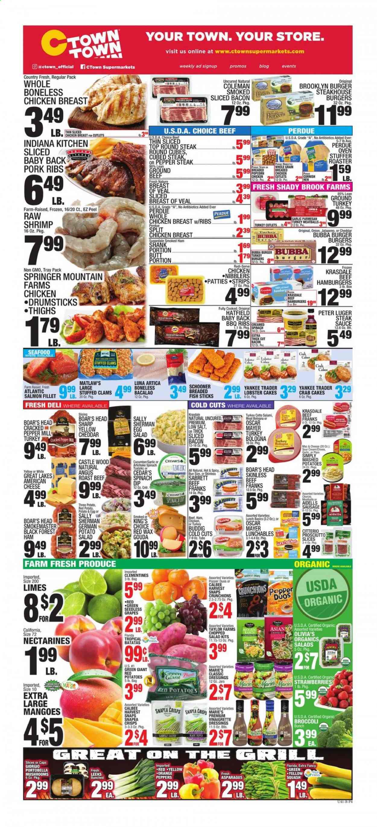 thumbnail - C-Town Flyer - 06/18/2021 - 06/24/2021 - Sales products - mushrooms, seedless grapes, artichoke, asparagus, broccoli, spinach, sweet potato, onion, peppers, jalapeño, red potatoes, yellow squash, chives, avocado, grapes, limes, mango, strawberries, oranges, clams, lobster, salmon, salmon fillet, seafood, fish, shrimps, fish fingers, fish sticks, crab cake, lobster cakes, mashed potatoes, meatballs, sauce, fried chicken, Perdue®, breaded fish, Lunchables, Sugardale, bacon, salami, ham, ham shank, prosciutto, chorizo, smoked ham, Oscar Mayer, sausage, tzatziki, potato salad, american cheese, gouda, eggs, sour cream, dip, spinach dip, strips, popcorn, Harvest Snaps, steak sauce, vinaigrette dressing, beer, Castle, cornish hen, ground turkey, whole chicken, chicken drumsticks, beef meat, ground beef, steak, round steak, roast beef, turkey burger, pork meat, pork ribs, pork back ribs, clementines, nectarines. Page 4.