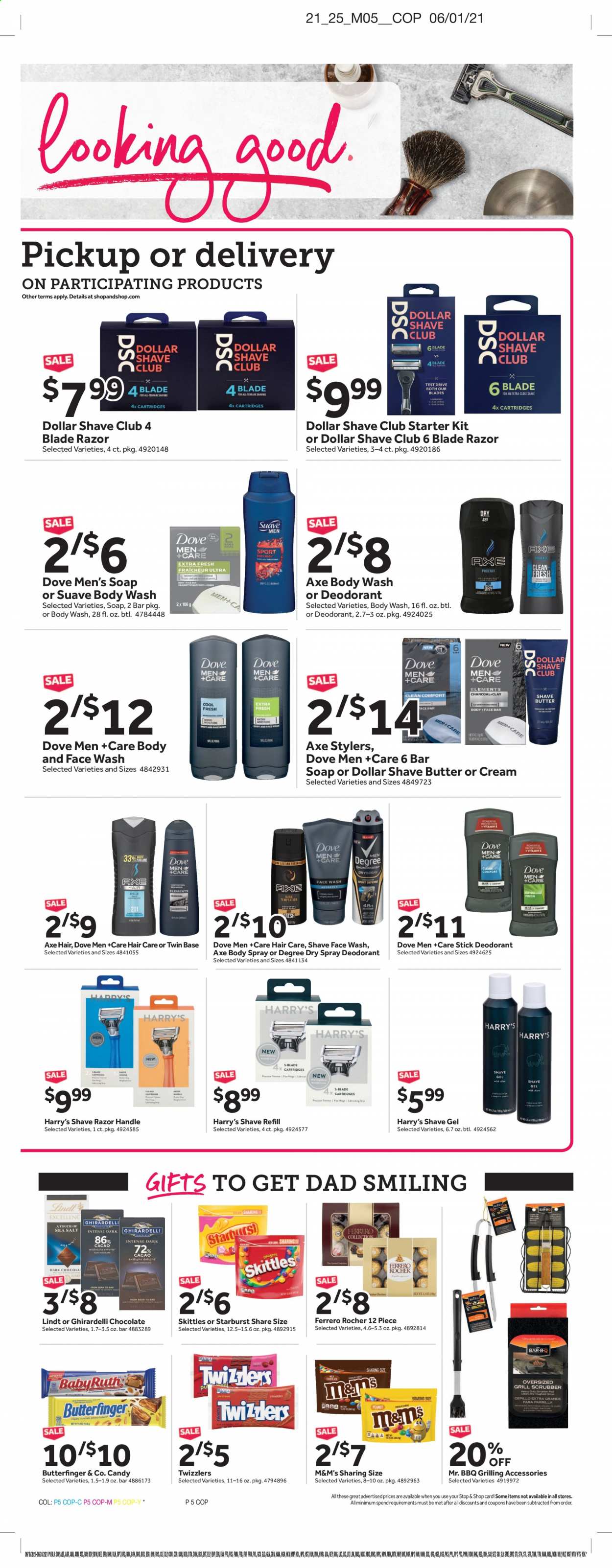 thumbnail - Stop & Shop Flyer - 06/18/2021 - 06/24/2021 - Sales products - ham, butter, chocolate, Lindt, Ferrero Rocher, M&M's, Skittles, Ghirardelli, Starburst, body wash, Dove, Suave, face gel, soap bar, soap, Dollar Shave Club, body spray, anti-perspirant, deodorant. Page 5.
