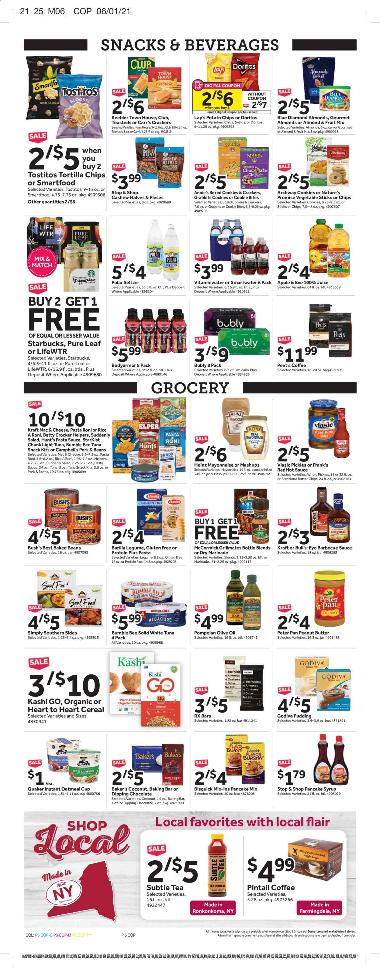 thumbnail - Stop & Shop Flyer - 06/18/2021 - 06/24/2021 - Sales products - bread, Nature’s Promise, coconut, StarKist, Campbell's, pasta sauce, Bumble Bee, Barilla, Quaker, Annie's, Kraft®, pudding, cookies, chocolate, snack, fruit mix, Godiva, crackers, Keebler, Doritos, tortilla chips, potato chips, chips, Lay’s, Smartfood, vegetable chips, Tostitos, Bisquick, oatmeal, Heinz, light tuna, baked beans, cereals, rice, BBQ sauce, marinade, olive oil, oil, peanut butter, pancake syrup, syrup, Blue Diamond, juice, seltzer water, Lifewtr, Smartwater, tea, Pure Leaf, Starbucks. Page 6.