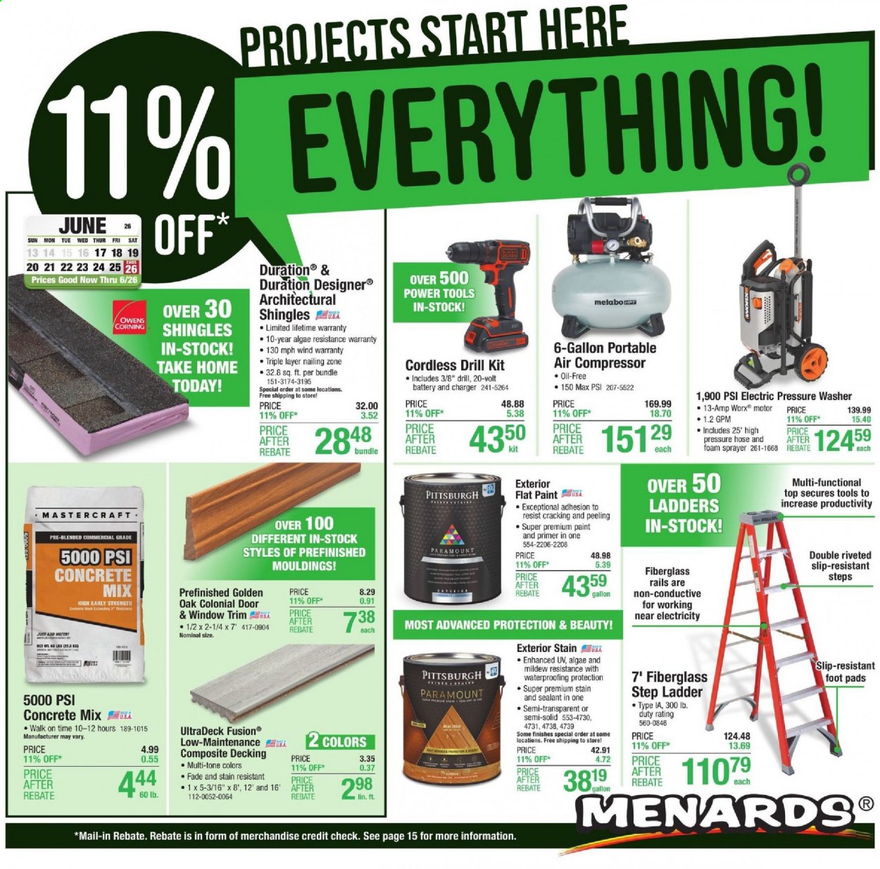 thumbnail - Menards Flyer - 06/17/2021 - 06/26/2021 - Sales products - gallon, deco strips, ladder, paint, decking, shingle, concrete mix, door, drill, power tools, air compressor, electric pressure washer, pressure washer, sprayer. Page 1.