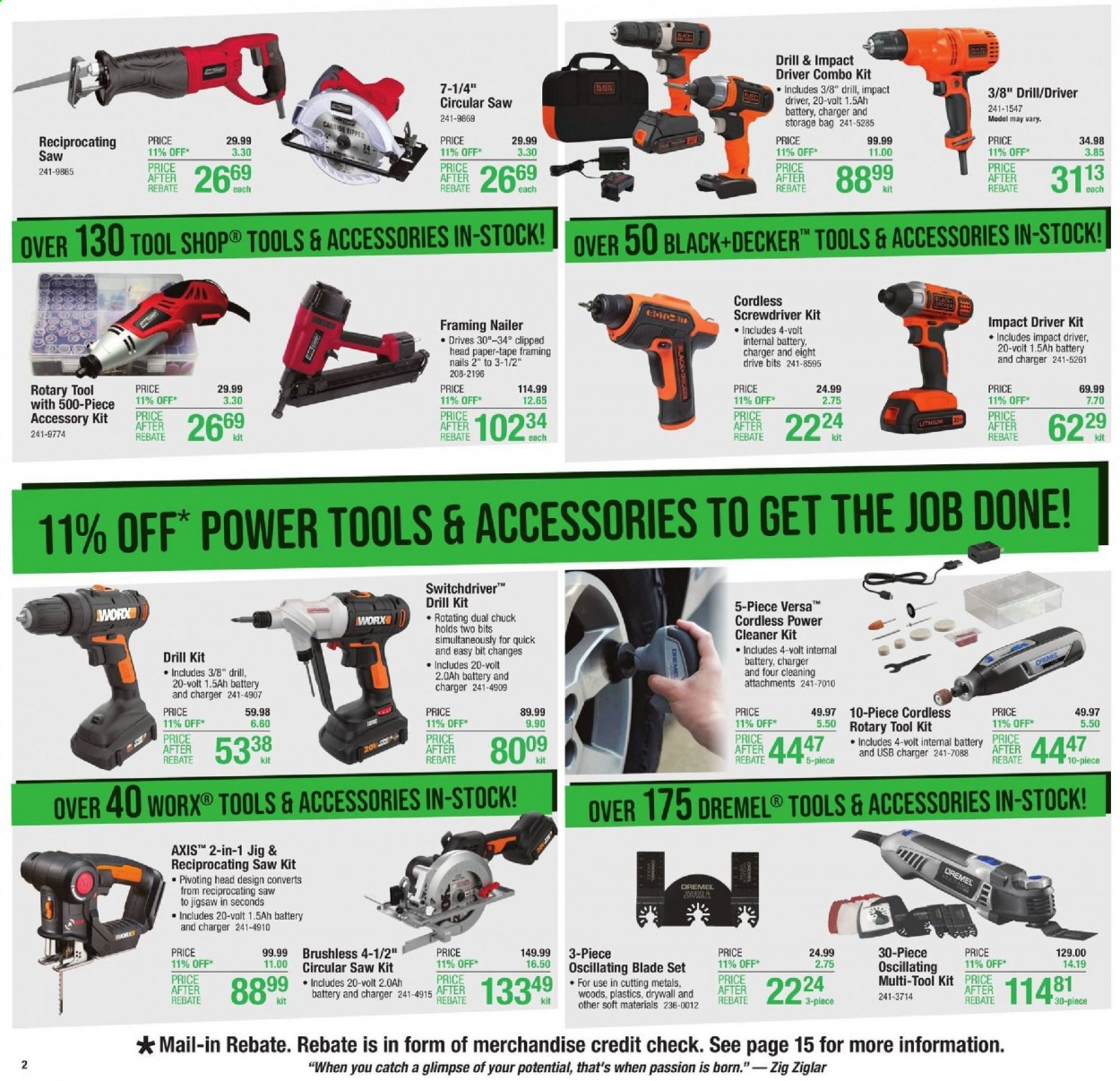 thumbnail - Menards Flyer - 06/17/2021 - 06/26/2021 - Sales products - tools & accessories, cleaner, paper, drill, impact driver, power tools, Black & Decker, circular saw, saw, reciprocating saw, screwdriver, combo kit, tool set. Page 2.