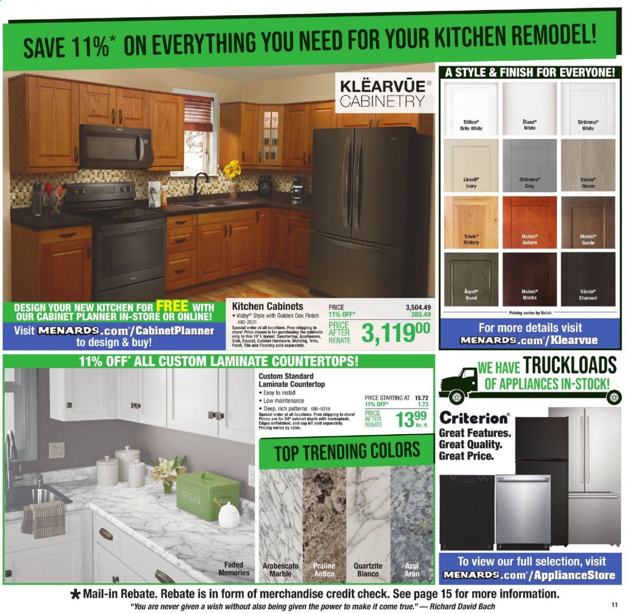 thumbnail - Menards Flyer - 06/17/2021 - 06/26/2021 - Sales products - faucet, kitchen cabinet, cabinet, charcoal, flooring. Page 14.