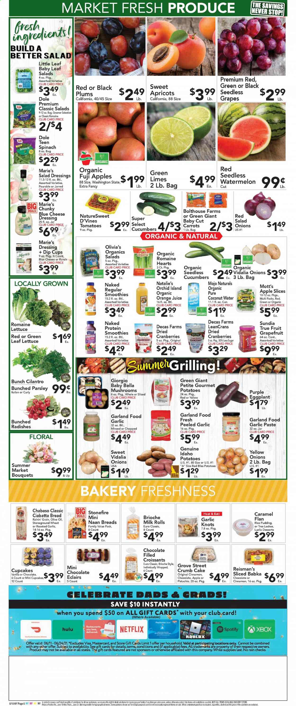 thumbnail - Foodtown Flyer - 06/18/2021 - 06/24/2021 - Sales products - seedless grapes, plums, ciabatta, cake, croissant, brioche, cupcake, tomatoes, potatoes, parsley, onion, Dole, apples, grapefruits, grapes, limes, watermelon, Fuji apple, apricots, Mott's, rice pudding, milk, cranberries, cilantro, cinnamon, blue cheese dressing, caramel, salad dressing, dressing, garlic paste, olive oil, dried fruit, orange juice, juice, coconut water, smoothie, alcohol, cup, bouquet, black plums. Page 6.