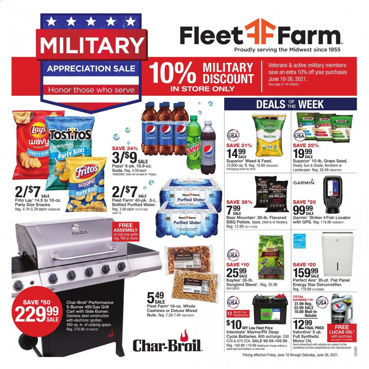 thumbnail - Fleet Farm Flyer - 06/18/2021 - 06/26/2021 - Sales products - snack, Fritos, pepper, cashews, mixed nuts, Pepsi, Dr. Pepper, soda, purified water, Kaytee, Honor, Garmin, gas grill, grill, plant seeds, grass seed. Page 1.