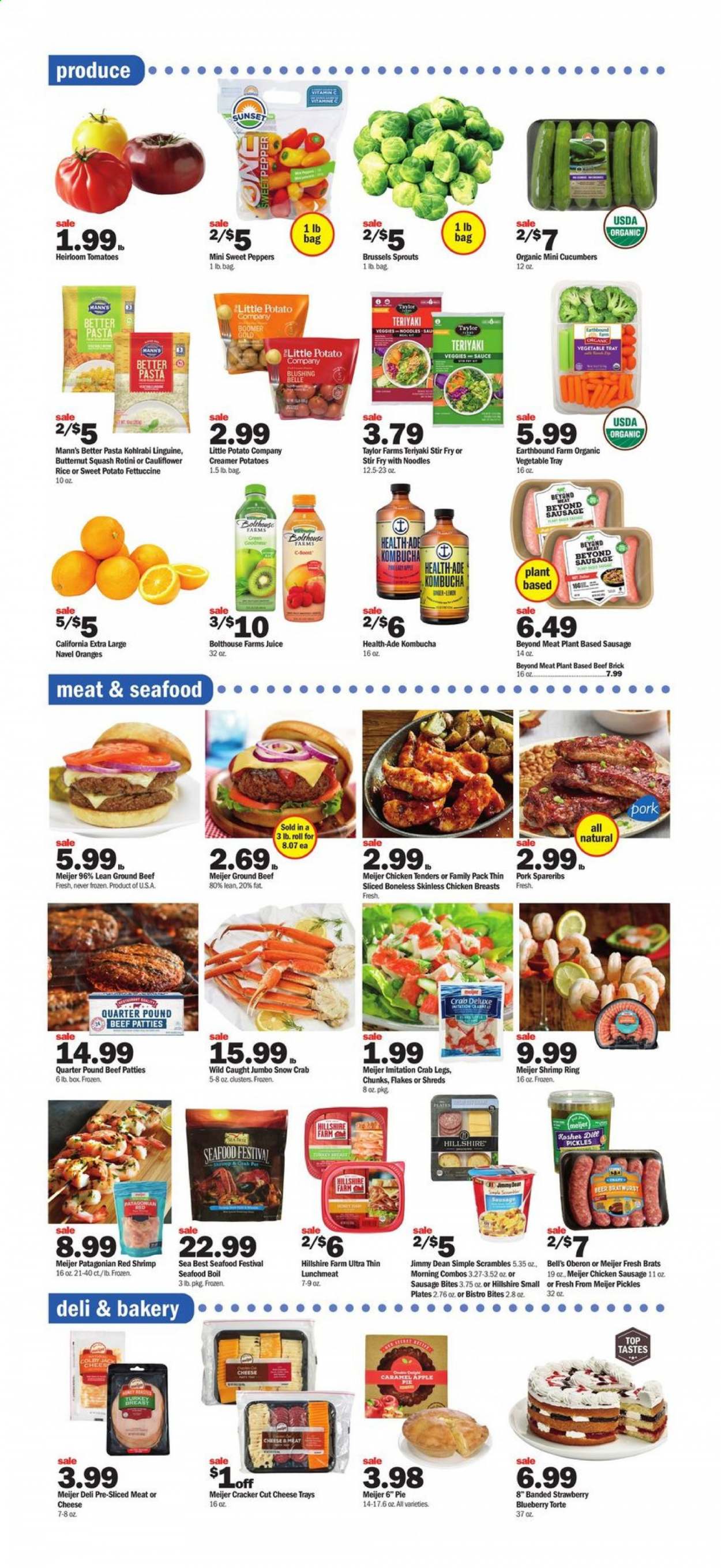 thumbnail - Meijer Flyer - 06/20/2021 - 06/26/2021 - Sales products - pie, apple pie, cauliflower, cucumber, sweet peppers, sweet potato, tomatoes, potatoes, kohlrabi, peppers, brussel sprouts, oranges, seafood, crab legs, crab, shrimps, seafood boil, pasta, sauce, Jimmy Dean, Hillshire Farm, bratwurst, sausage, chicken sausage, lunch meat, crackers, pickles, dill, juice, kombucha, Boost, beer, chicken breasts, chicken tenders, beef meat, ground beef, pork spare ribs, tray, plate, butternut squash, navel oranges. Page 4.