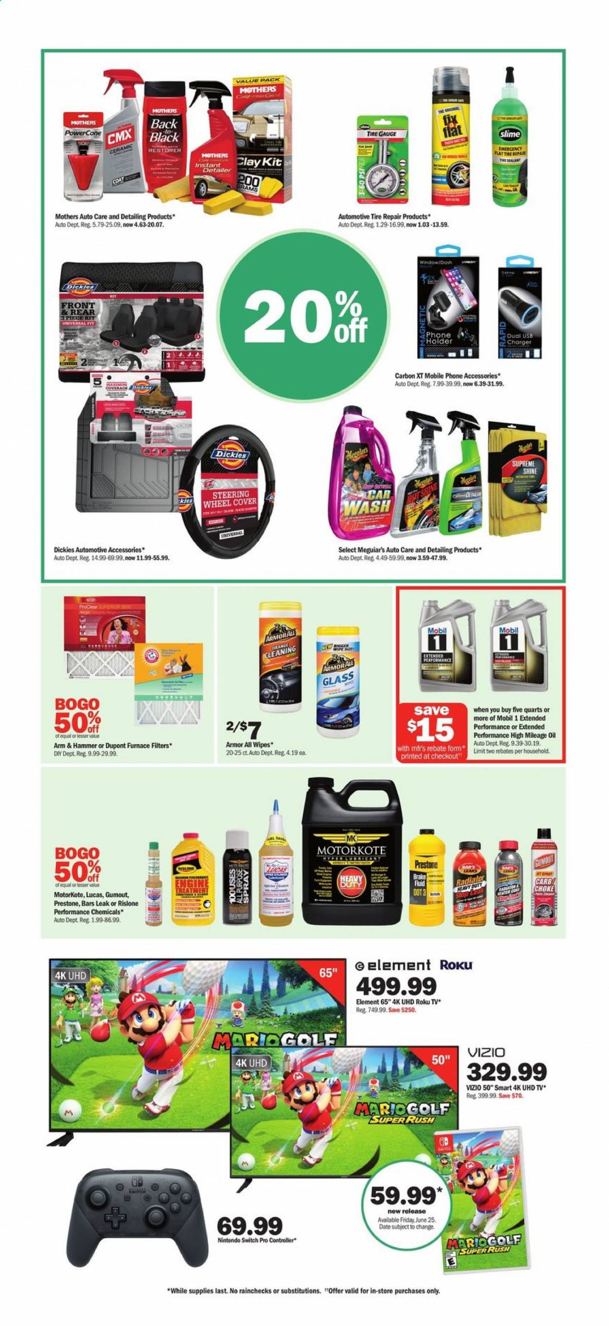 thumbnail - Meijer Flyer - 06/20/2021 - 06/26/2021 - Sales products - Nintendo Switch, USB charger, oranges, ARM & HAMMER, oil, wipes, 4K UHD TV, roku tv, UHD TV, Vizio, TV, coat, Armor All, Dickies, mobile phone holder, Slime, Lucas, Mobil, Prestone, brake fluid, Gumout. Page 21.
