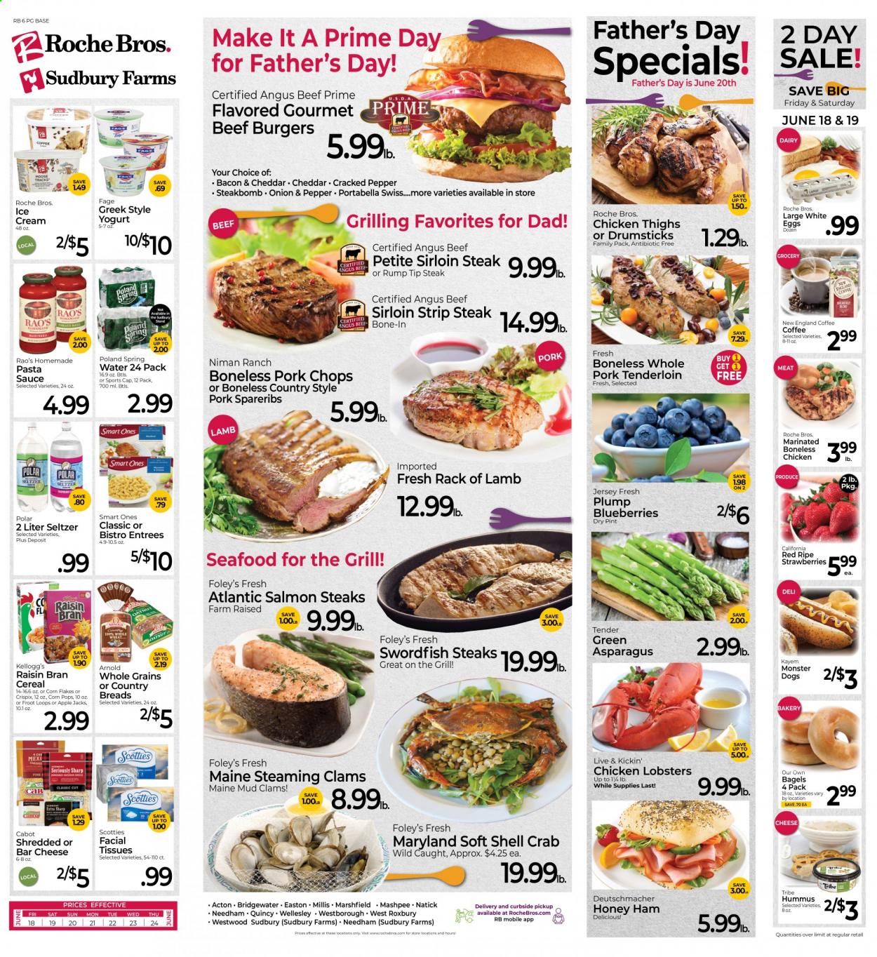 thumbnail - Roche Bros. Flyer - 06/18/2021 - 06/24/2021 - Sales products - bagels, asparagus, blueberries, strawberries, clams, lobster, salmon, swordfish, seafood, crab, pasta sauce, hamburger, sauce, beef burger, bacon, ham, hummus, cheese, yoghurt, eggs, ice cream, Kellogg's, cereals, corn flakes, Corn Pops, Raisin Bran, Monster, seltzer water, coffee, chicken thighs, beef meat, beef sirloin, steak, sirloin steak, striploin steak, pork chops, pork meat, pork tenderloin, pork spare ribs, lamb meat, rack of lamb, tissues, facial tissues. Page 1.