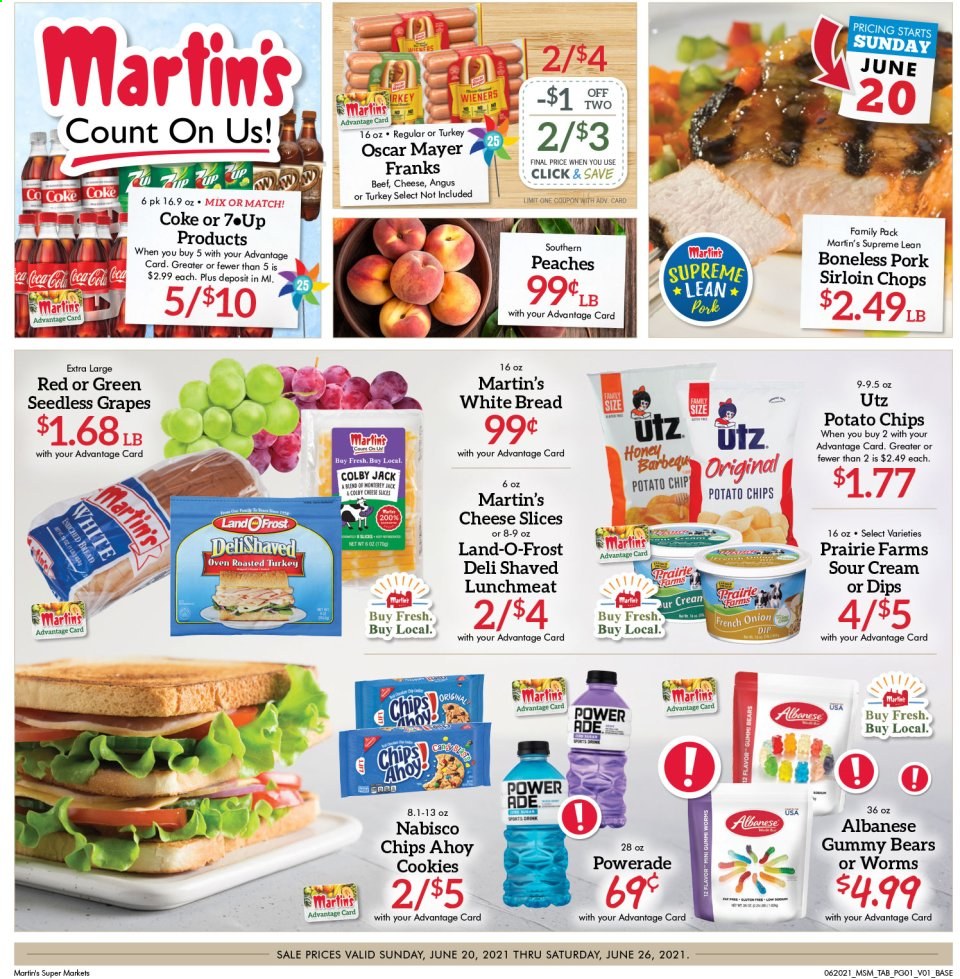 thumbnail - Martin’s Flyer - 06/20/2021 - 06/26/2021 - Sales products - seedless grapes, bread, white bread, grapes, Oscar Mayer, lunch meat, Colby cheese, sliced cheese, cheese, sour cream, cookies, potato chips, chips, honey, Coca-Cola, Powerade, pork loin, peaches. Page 1.