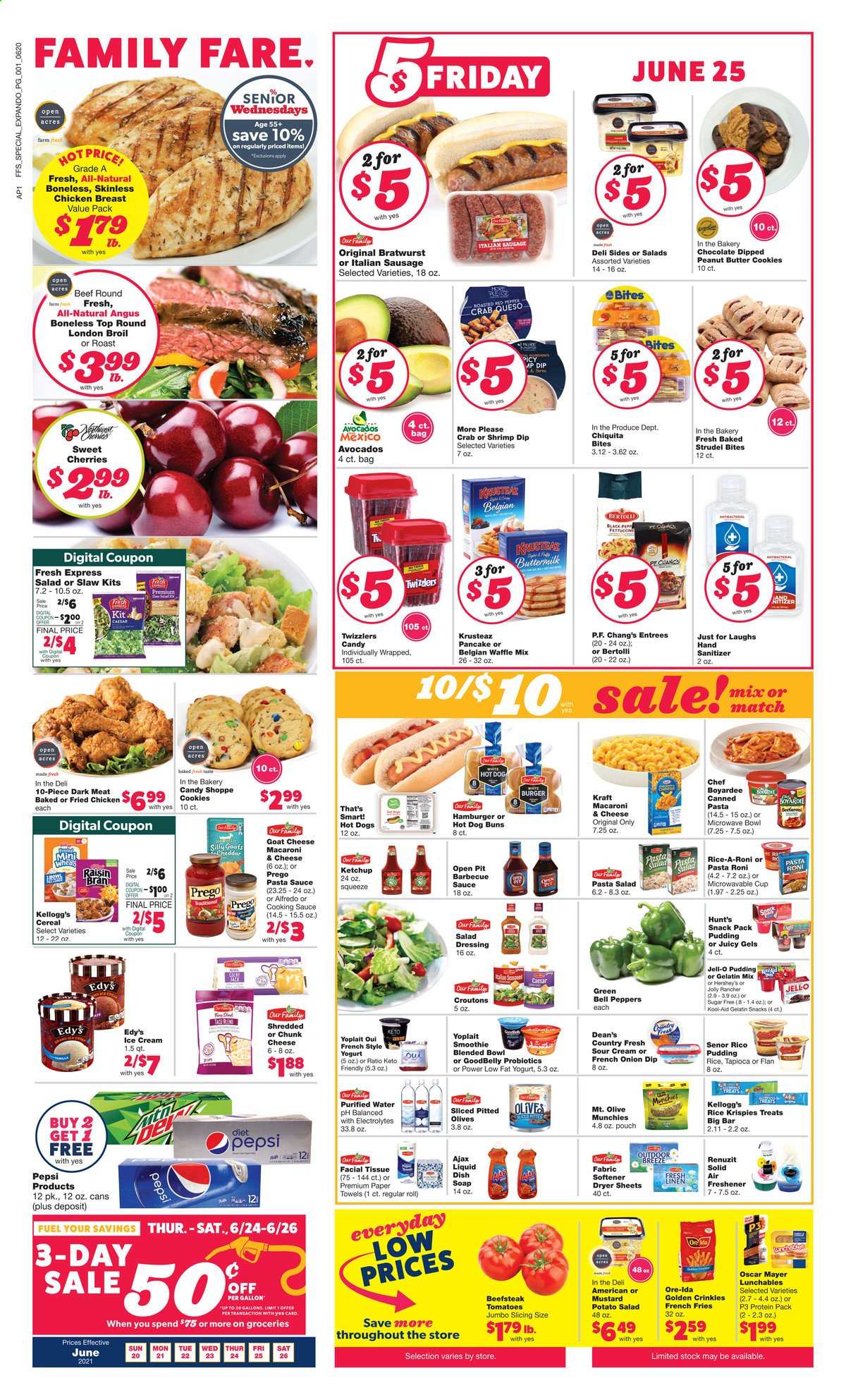 thumbnail - Family Fare Flyer - 06/20/2021 - 06/26/2021 - Sales products - strudel, buns, bell peppers, tomatoes, peppers, cherries, crab, shrimps, macaroni & cheese, pasta sauce, sauce, fried chicken, pancakes, Lunchables, Kraft®, Bertolli, Oscar Mayer, bratwurst, sausage, italian sausage, potato salad, pasta salad, goat cheese, chunk cheese, pudding, yoghurt, Yoplait, buttermilk, sour cream, dip, ice cream, Hershey's, potato fries, french fries, Ore-Ida, cookies, butter cookies, Kellogg's, croutons, Jell-O, olives, Chef Boyardee, cereals, Rice Krispies, Raisin Bran, BBQ sauce, mustard, salad dressing, ketchup, dressing, Pepsi, smoothie, purified water, chicken breasts, tissues, kitchen towels, paper towels, Ajax, fabric softener, dryer sheets, soap, gallon, cup, Renuzit, air freshener, probiotics. Page 1.