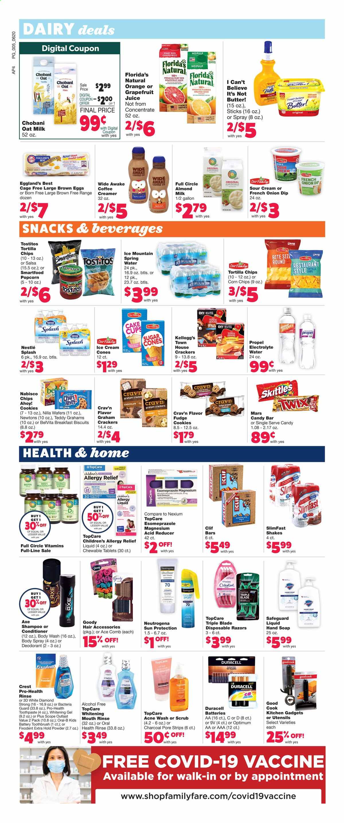 thumbnail - Family Fare Flyer - 06/20/2021 - 06/26/2021 - Sales products - cake, oranges, Slimfast, Chobani, almond milk, milk, shake, oat milk, eggs, cage free eggs, butter, sour cream, creamer, dip, ice cream, strips, cookies, fudge, graham crackers, Nestlé, wafers, snack, Twix, Mars, crackers, Kellogg's, biscuit, Skittles, Chips Ahoy!, Florida's Natural, tortilla chips, chips, Smartfood, corn chips, popcorn, Tostitos, sugar, belVita, salsa, juice, spring water, Ice Mountain, coffee, body wash, shampoo, hand soap, soap, toothbrush, Oral-B, toothpaste, Fixodent, Crest, Neutrogena, conditioner, comb, body spray, anti-perspirant, deodorant, disposable razor, gallon, utensils, cup, Duracell, Biotin, magnesium, Nexium, allergy relief. Page 6.
