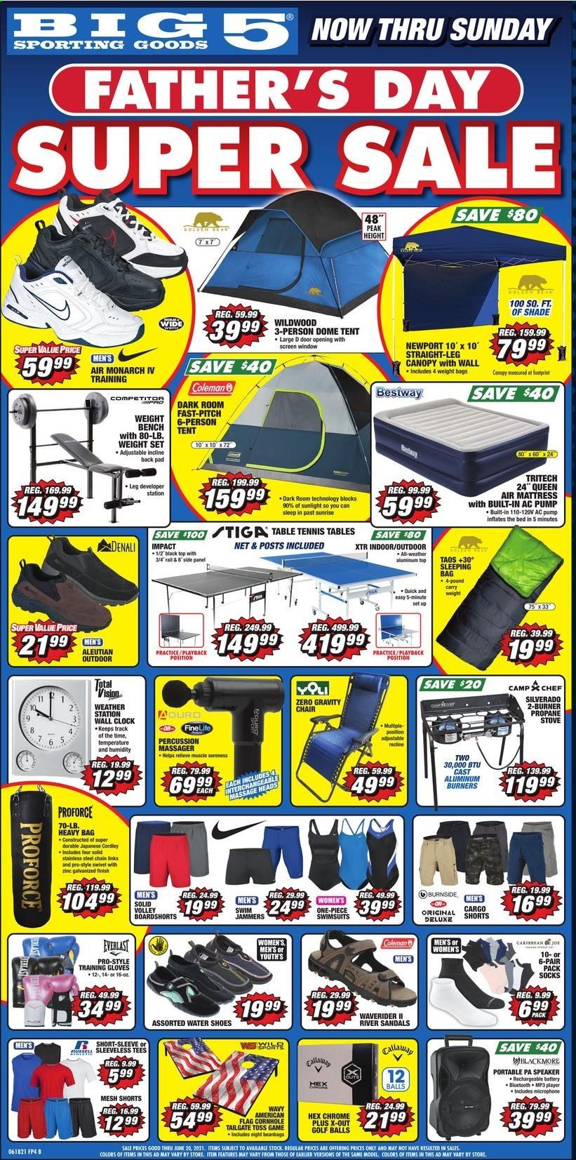 thumbnail - Big 5 Flyer - 06/18/2021 - 06/20/2021 - Sales products - Callaway, sandals, shoes, Air Monarch, Coleman, speaker, microphone, Everlast, shorts, socks, gloves, heavy bag, weights set, sleeping bag, tent, stove, golf balls. Page 1.