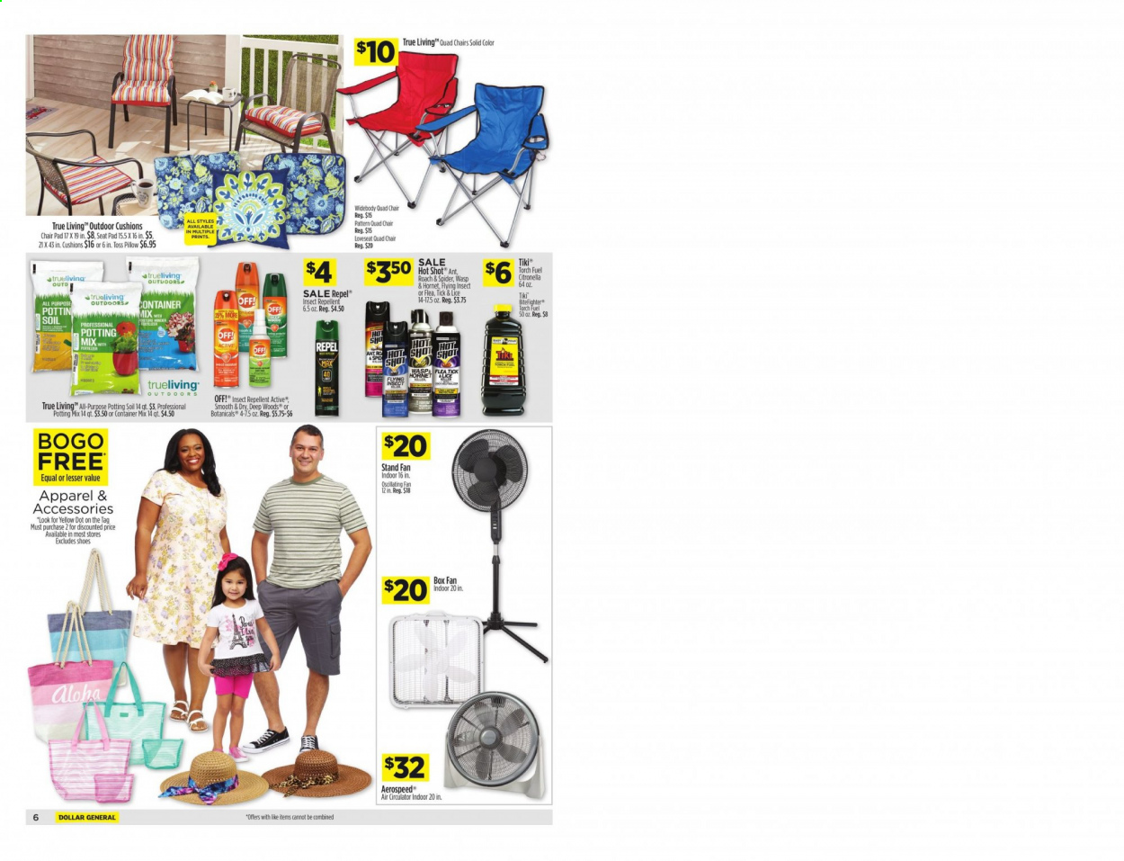 thumbnail - Dollar General Flyer - 06/20/2021 - 06/26/2021 - Sales products - chair, container, cushion, shoes, Sol, repellent, chair pad, stand fan, wall fan, torch, potting mix. Page 6.