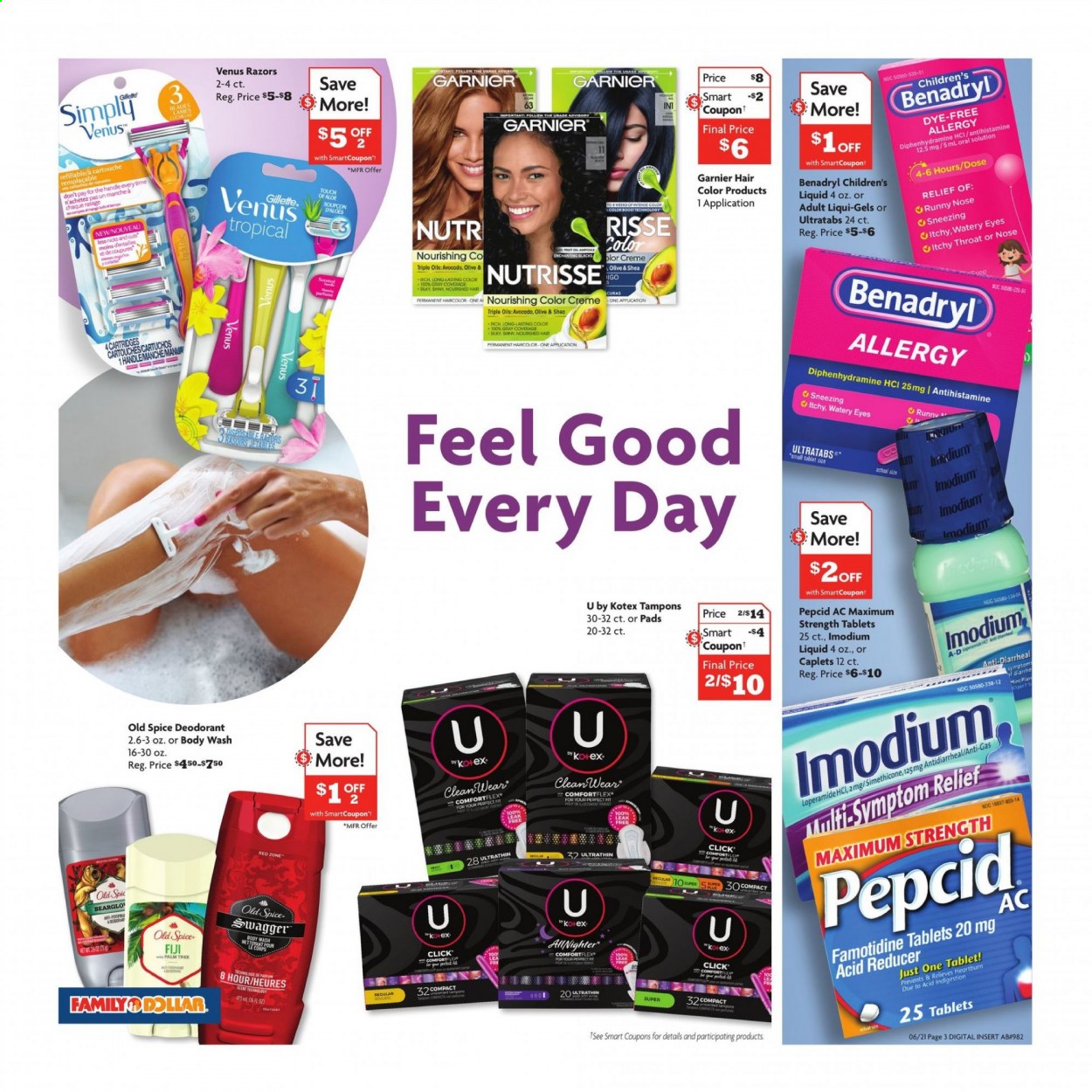 thumbnail - Family Dollar Flyer - 06/21/2021 - 06/26/2021 - Sales products - tablet, avocado, spice, body wash, Old Spice, Kotex, tampons, Garnier, anti-perspirant, deodorant, Gillette, Venus, disposable razor, Imodium, Pepcid. Page 6.
