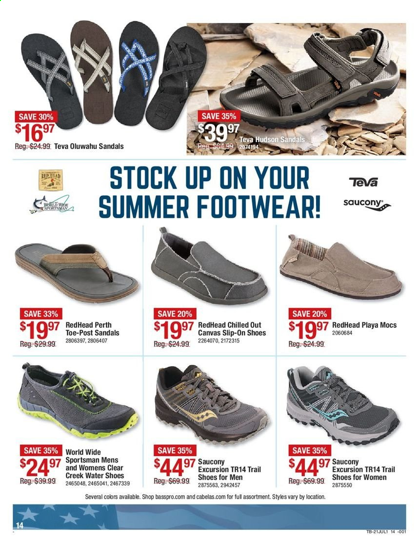 thumbnail - Bass Pro Shops Flyer - 06/24/2021 - 07/07/2021 - Sales products - mocs, sandals, shoes, slip-on shoes, Saucony. Page 14.