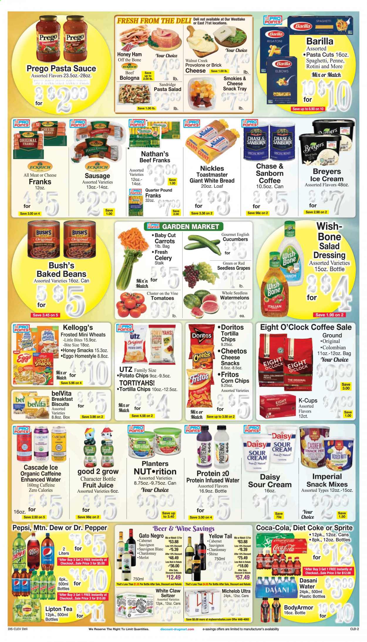 thumbnail - Discount Drug Mart Flyer - 06/23/2021 - 06/29/2021 - Sales products - seedless grapes, bread, white bread, carrots, celery, cucumber, tomatoes, grapes, spaghetti, pasta sauce, sauce, Barilla, ham, bologna sausage, sausage, pasta salad, Provolone, sour cream, ice cream, snack, Kellogg's, biscuit, Little Bites, Doritos, Fritos, tortilla chips, potato chips, Cheetos, chips, corn chips, baked beans, belVita, penne, salad dressing, dressing, pistachios, mixed nuts, Planters, Coca-Cola, Mountain Dew, Sprite, Pepsi, juice, fruit juice, Lipton, Dr. Pepper, Diet Coke, seltzer water, tea, coffee, coffee capsules, K-Cups, Eight O'Clock, Cabernet Sauvignon, white wine, Chardonnay, Merlot, Shiraz, Sauvignon Blanc, White Claw, beer, Michelob, Cascade, tray. Page 2.