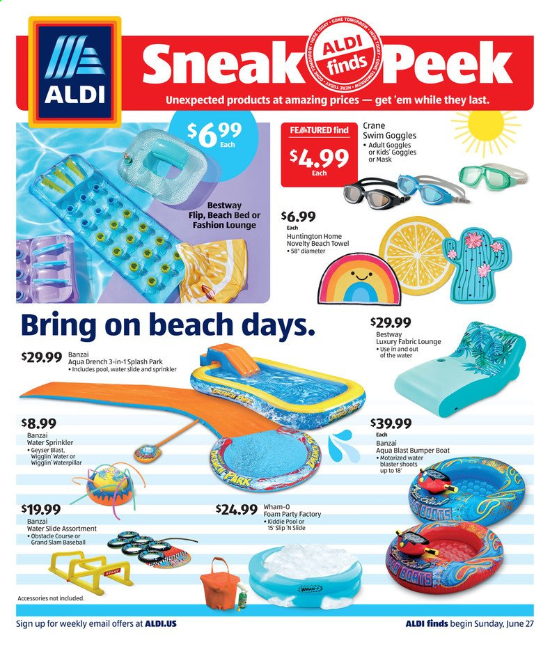 thumbnail - ALDI Flyer - 06/27/2021 - 07/03/2021 - Sales products - geyser, towel, beach towel, boat, water blaster, pool. Page 1.