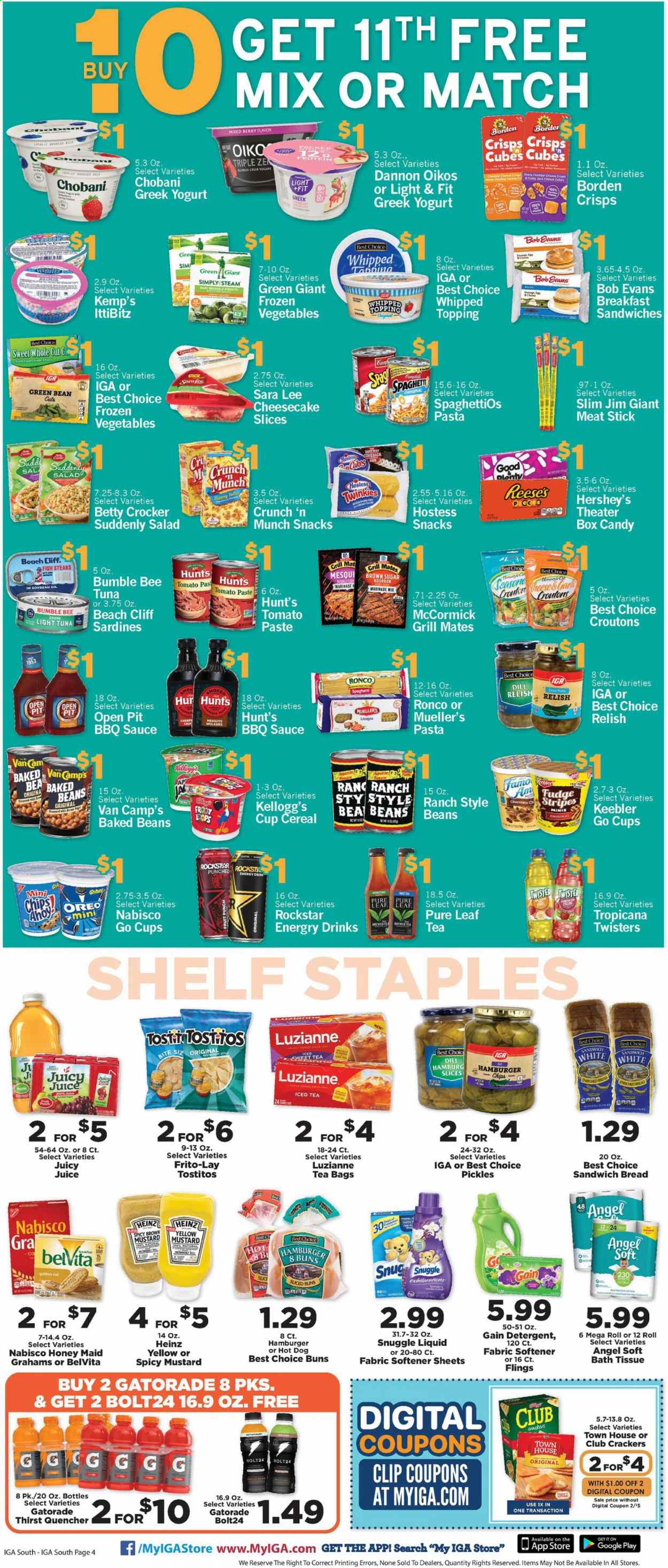 thumbnail - IGA Flyer - 06/23/2021 - 06/29/2021 - Sales products - bread, cake, buns, Sara Lee, cheesecake, beans, salad, sardines, tuna, fish, fish steak, spaghetti, hot dog, hamburger, pasta, Bumble Bee, sauce, lasagna meal, Bob Evans, sausage, Colby cheese, cheese, greek yoghurt, Oreo, yoghurt, Oikos, Chobani, Dannon, milk, Reese's, Hershey's, frozen vegetables, cookies, fudge, chocolate, snack, toffee, crackers, Kellogg's, Keebler, Frito-Lay, Tostitos, cane sugar, croutons, oats, topping, tomato paste, Heinz, pickles, light tuna, baked beans, cereals, belVita, Honey Maid, dill, BBQ sauce, mustard, marinade, soya oil, oil, molasses, juice, energy drink, Rockstar, Gatorade, fruit punch, tea bags, Pure Leaf, steak, bath tissue, detergent, Gain, Snuggle, fabric softener, cup. Page 4.