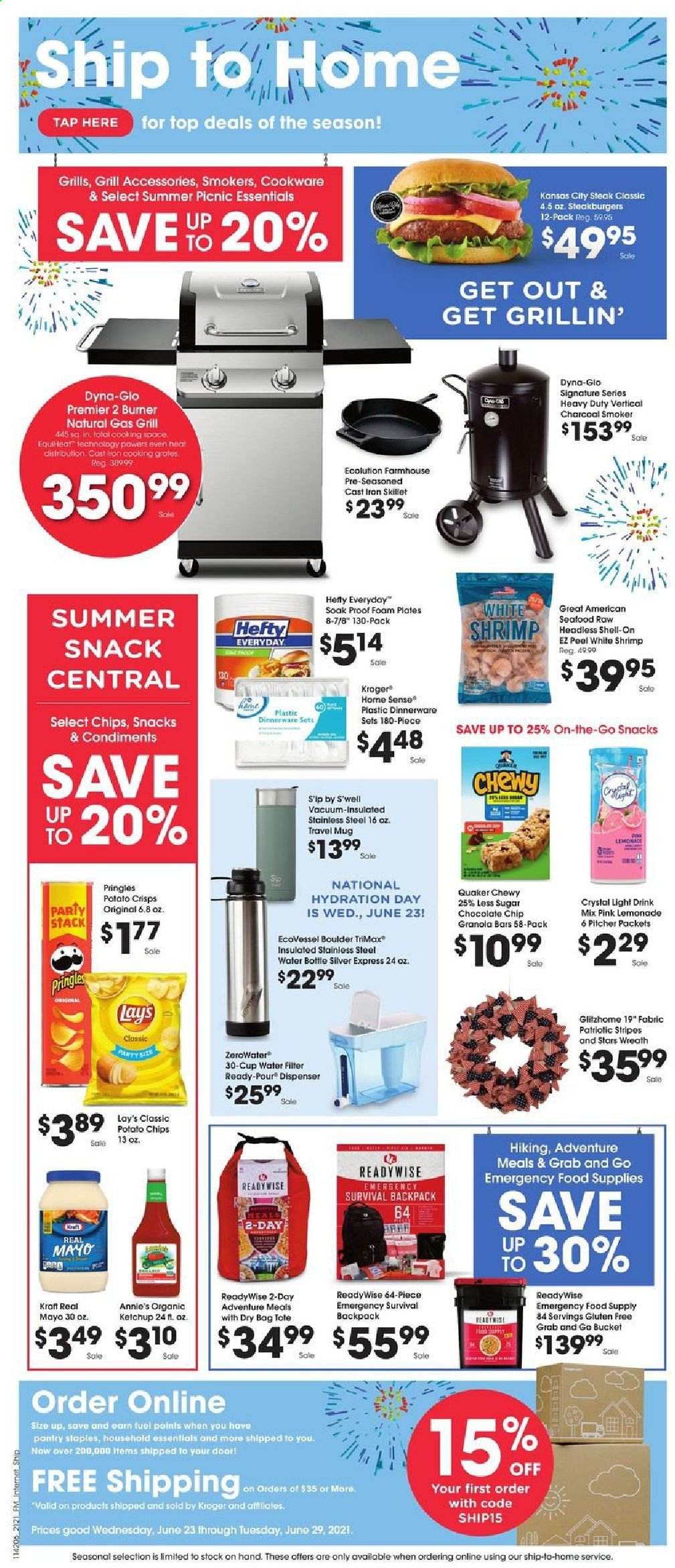thumbnail - King Soopers Flyer - 06/23/2021 - 06/29/2021 - Sales products - stool, wreath, seafood, shrimps, Quaker, Annie's, Kraft®, mayonnaise, snack, potato crisps, potato chips, Pringles, chips, Lay’s, granola bar, ketchup, lemonade, steak, Hefty, dispenser, cookware set, dinnerware set, mug, pitcher, cup, travel mug, drink bottle, foam plates, water filter, backpack, charcoal, gas grill, grill, smoker, charcoal smoker. Page 1.