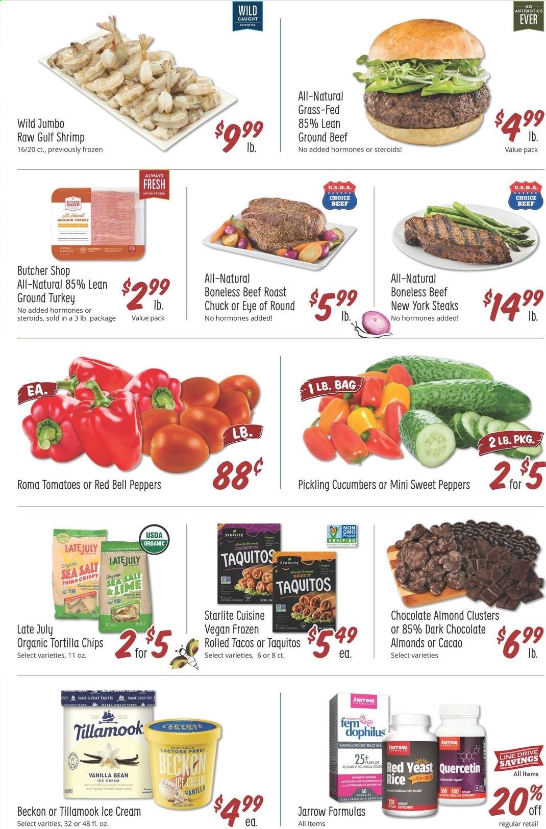 thumbnail - Sprouts Flyer - 06/23/2021 - 06/29/2021 - Sales products - tacos, bell peppers, cucumber, sweet peppers, tomatoes, shrimps, taquitos, yeast, ice cream, dark chocolate, tortilla chips, ground turkey, beef meat, ground beef, steak, eye of round, roast beef. Page 2.