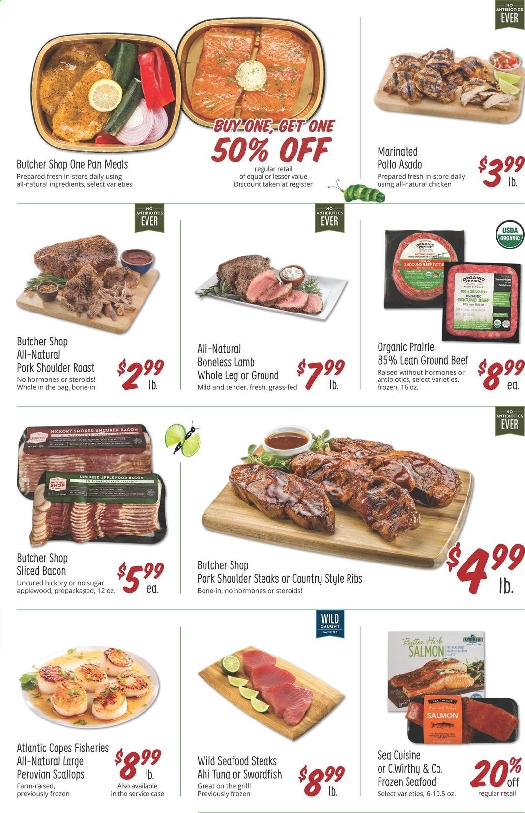 thumbnail - Sprouts Flyer - 06/23/2021 - 06/29/2021 - Sales products - salmon, scallops, swordfish, tuna, seafood, bacon, butter, herbs, beef meat, ground beef, steak, pork meat, pork ribs, pork roast, pork shoulder, country style ribs. Page 4.