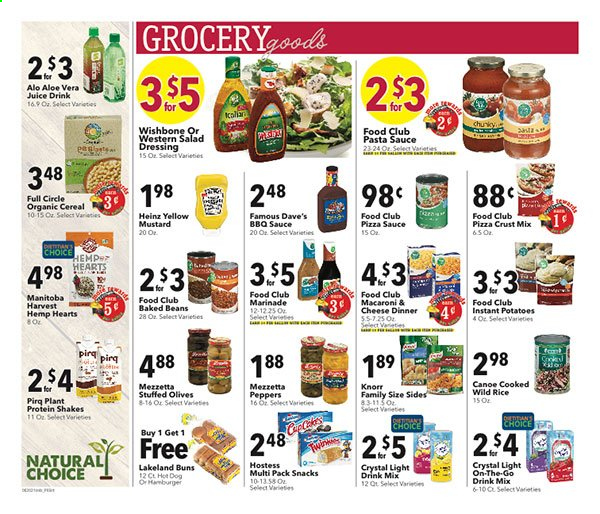 thumbnail - Coborn's Flyer - 06/23/2021 - 06/29/2021 - Sales products - buns, beans, potatoes, peppers, macaroni & cheese, pizza, pasta sauce, hamburger, Knorr, sauce, protein drink, shake, snack, plant protein, Heinz, olives, baked beans, cereals, rice, BBQ sauce, mustard, salad dressing, dressing, marinade, juice. Page 6.