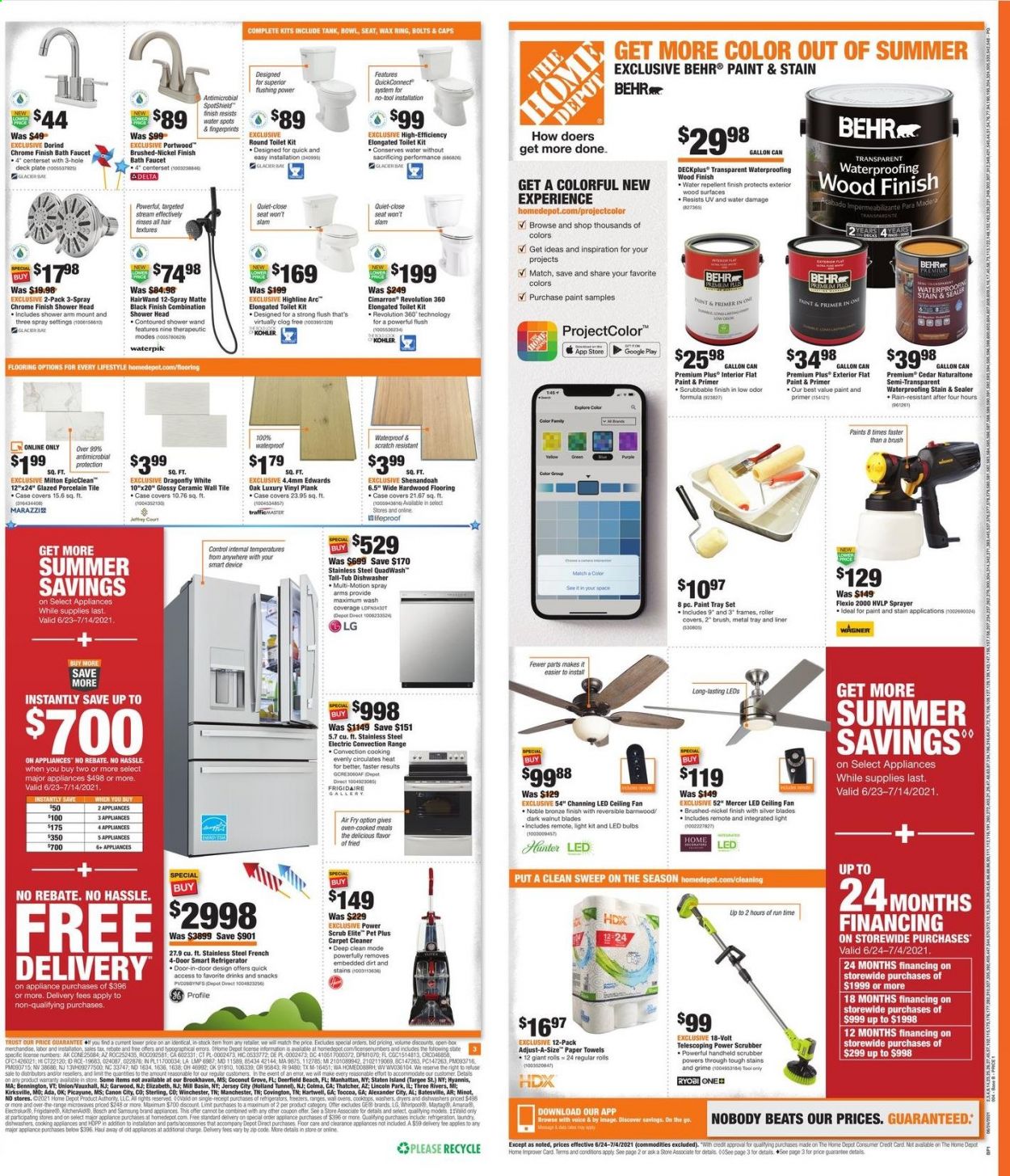 thumbnail - The Home Depot Flyer - 06/24/2021 - 07/04/2021 - Sales products - gallon, tray, plate, bulb, LED bulb, kitchen towels, LG, Canon, Bosch, ceiling fan, Whirlpool, flooring, vinyl, porcelain tile, door, washers, paint. Page 2.
